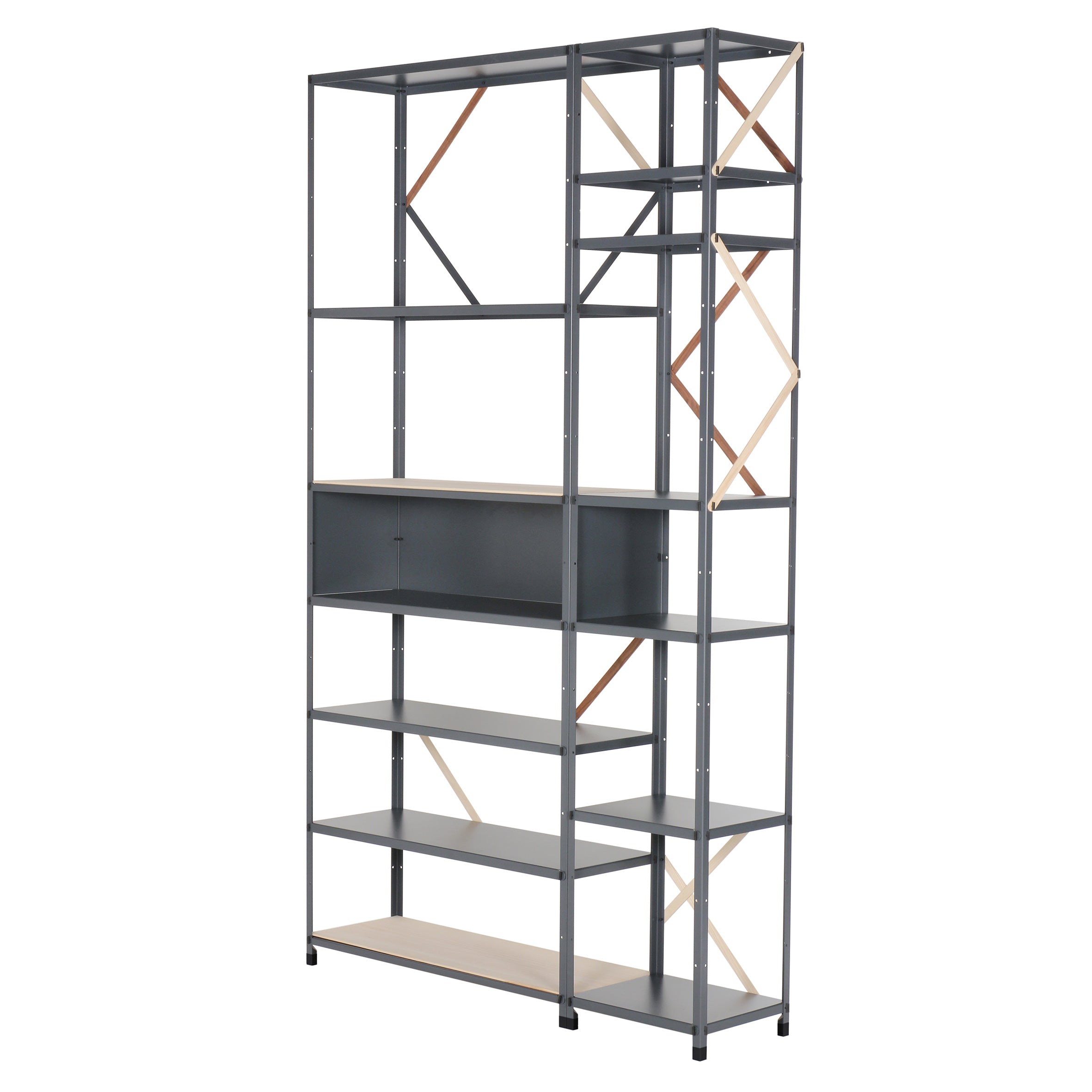 A tall metal shelving unit from Moormanns So oder so, with a gray frame and wooden shelves. It has an asymmetric design with diagonal supports for a modern touch, and shelves that vary in width and height for versatility.