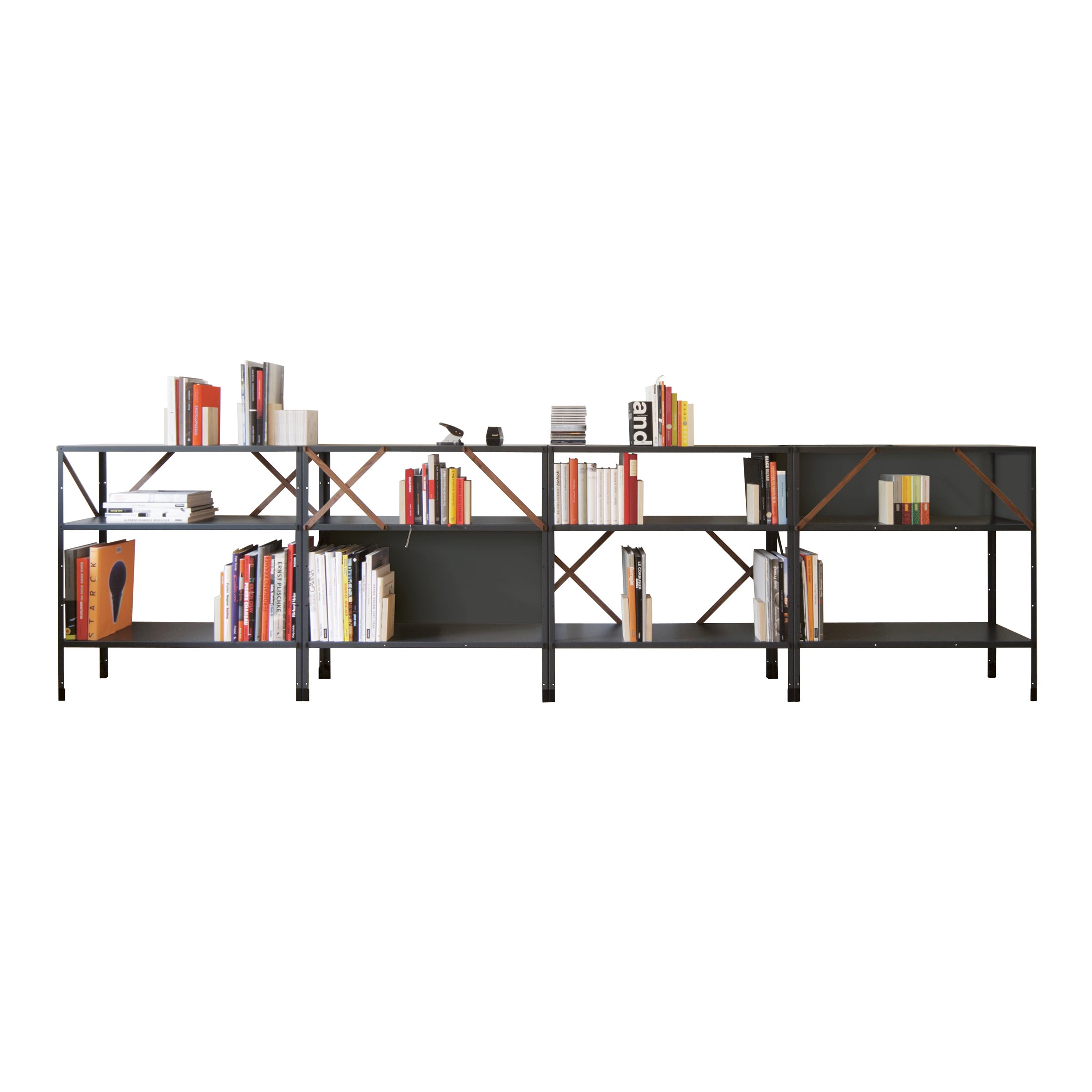 The So oder so bookshelf by Moormann features a modern black metal and wooden design that artfully displays books of various sizes and colors. With a mix of upright and horizontally stacked arrangements, it incorporates open triangles in Daniel Kerns distinctive style.