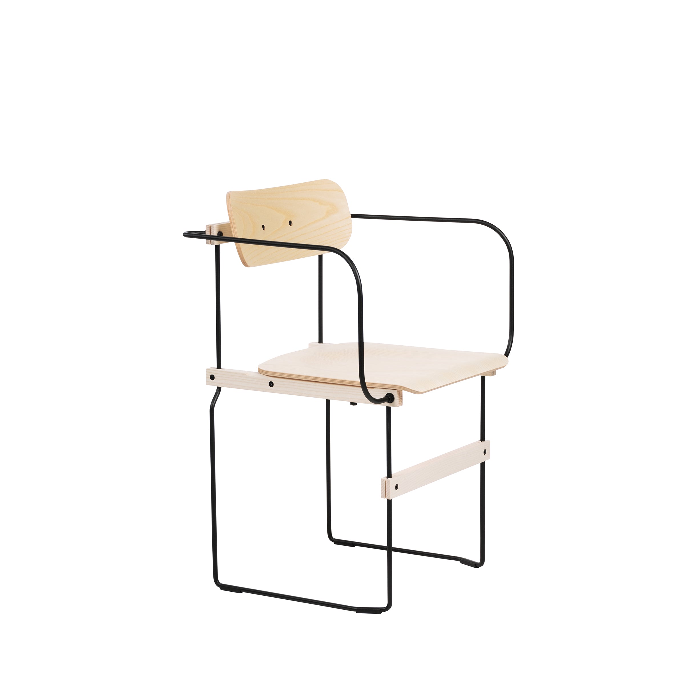 The Bruto Armchair by Moormann features a modern minimalist design with molded wood surfaces for the seat and backrest, complemented by sleek black metal arms and legs that integrate seamlessly with a sturdy steel base frame.