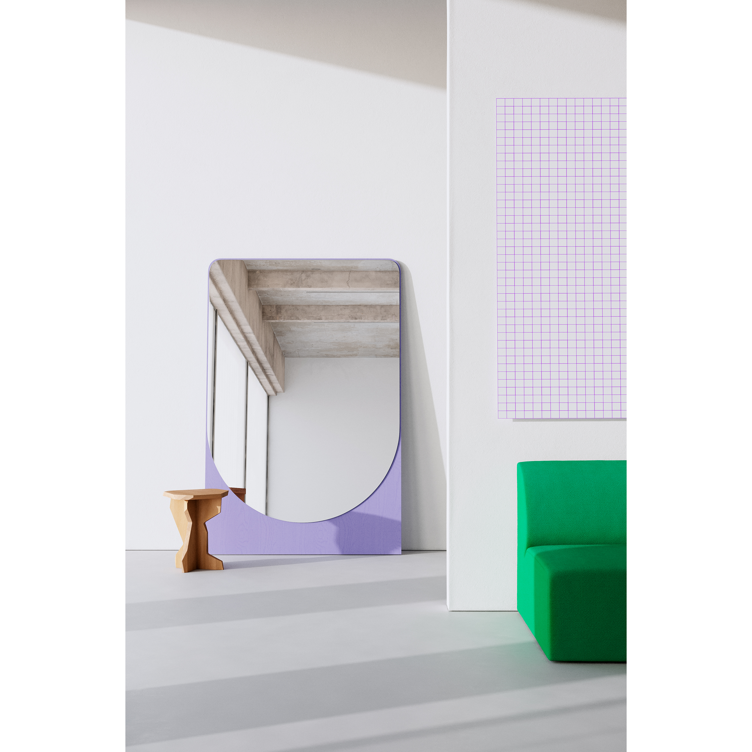 A minimalist room features the large FRIEDRICH MAX Mirror by Objekte unserer Tage with a purple border reflecting a beamed ceiling. A small wooden stool stands beside it, while a green couch complements grid-patterned artwork by FRIEDRICH MAX on the wall.