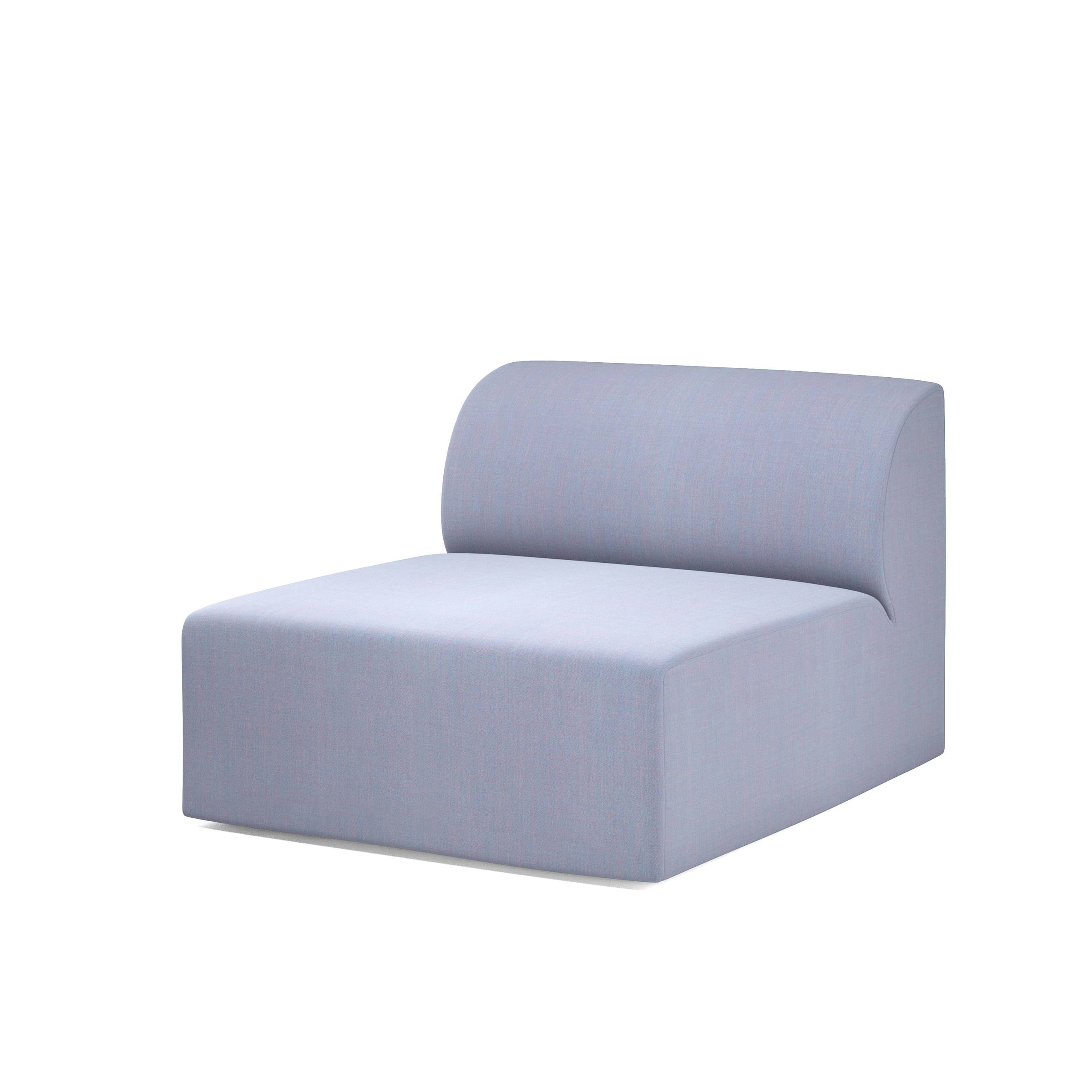 The Weber Modular Sofa by Objekte unserer Tage exudes German sensuality with a minimalist design. It features light blue upholstery, a curved backrest, and square seat, offering a sleek, contemporary look against a plain white background.