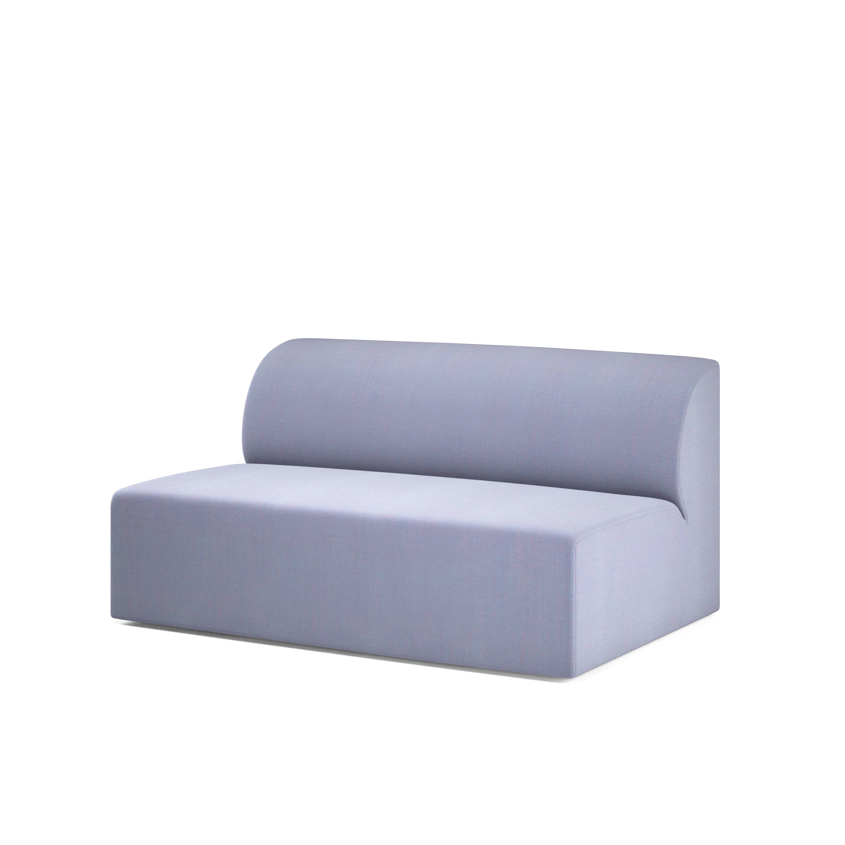 The Weber Modular Sofa by Objekte unserer Tage is a minimalist light gray piece with no armrests and a rounded backrest, echoing basic geometric shapes, set against a white background.