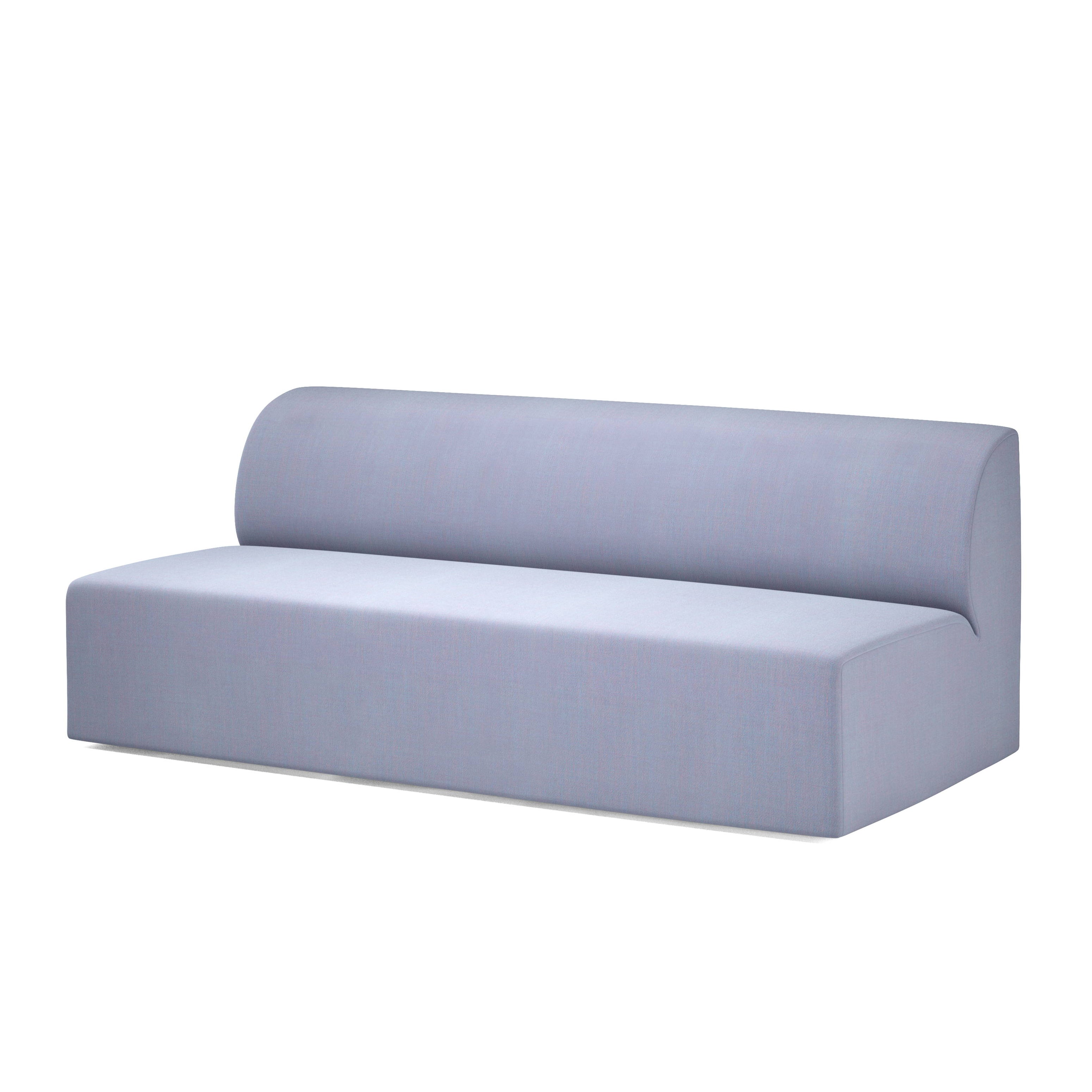 The Weber Modular Sofa by Objekte unserer Tage showcases minimalist elegance with its light gray fabric and smooth, curved backrest. Its sleek, legless design features clean lines and reflects a commitment to sustainability.