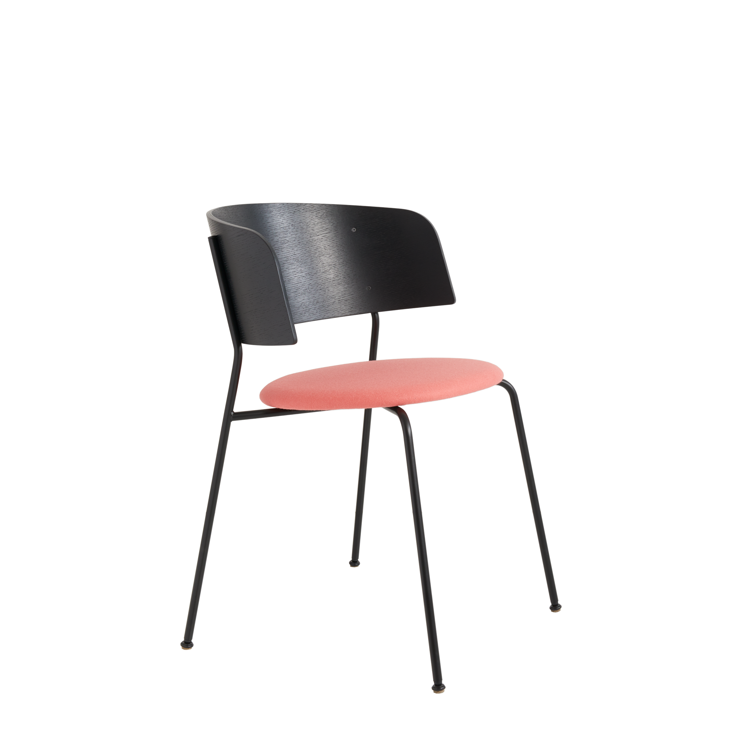 The Wagner Armchair by Objekte unserer Tage is a modern stackable chair with a black wooden backrest and thin, powder-coated steel legs. It features a pink round cushioned seat, inspired by the iconic WAGNER Armrest Chair design.