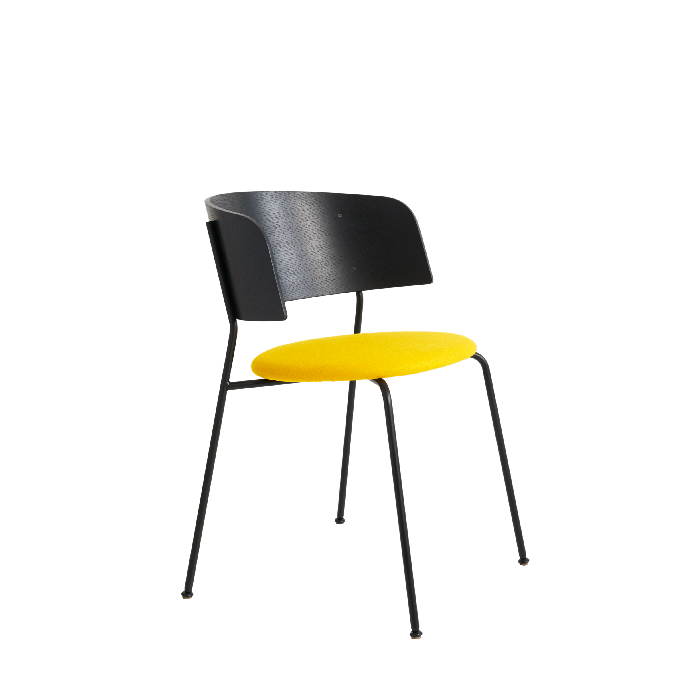 Introducing the Wagner Armchair by Objekte unserer Tage: a modern masterpiece featuring a black curved backrest and a sleek, stackable powder-coated steel frame with a vibrant yellow round cushion seat for striking contrast.