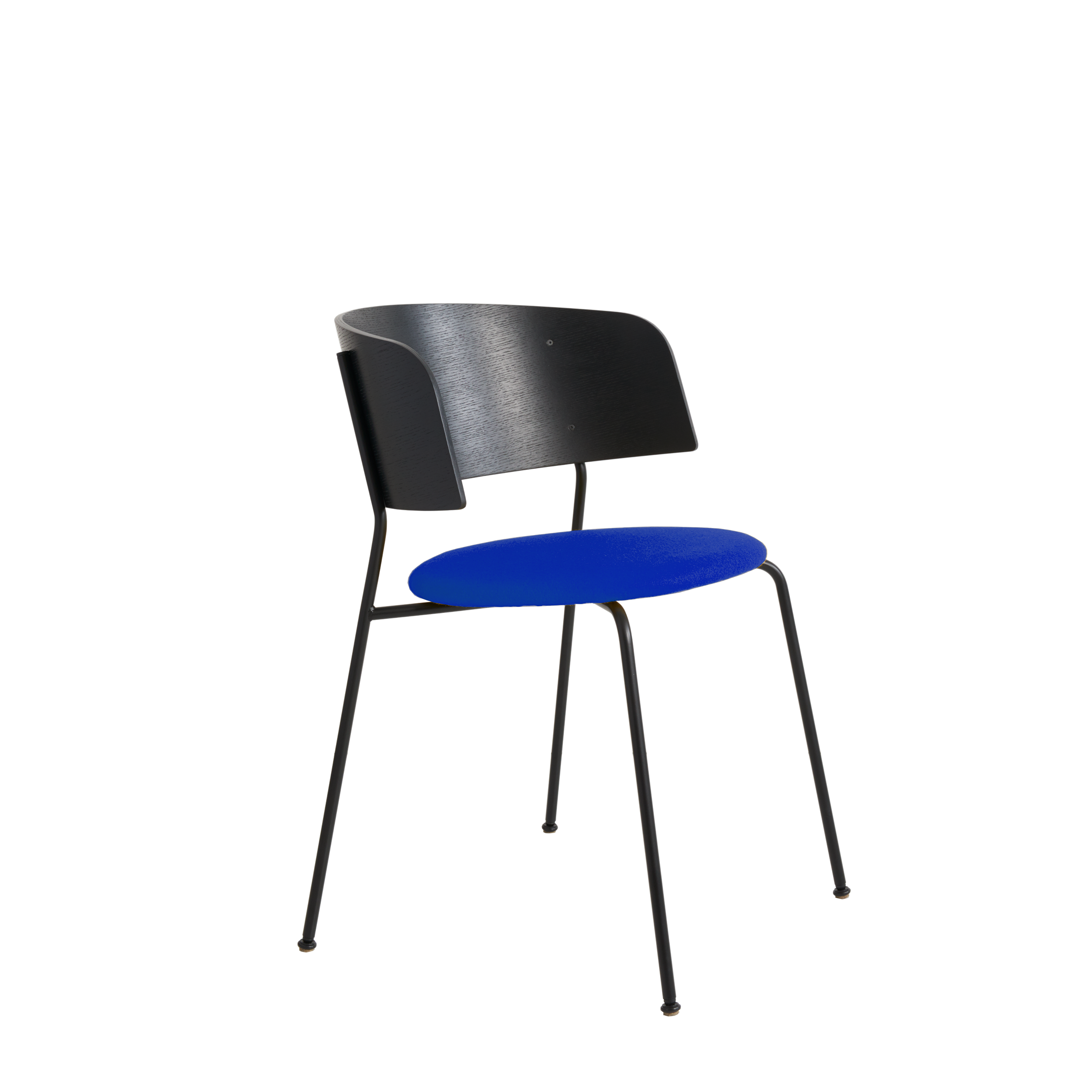 The Wagner Armchair by Objekte unserer Tage features slender black metal legs and a backrest with a bold blue cushioned seat. Its minimalist design crafted from powder-coated steel offers a contemporary look. The chair is stackable and set against a plain white background.