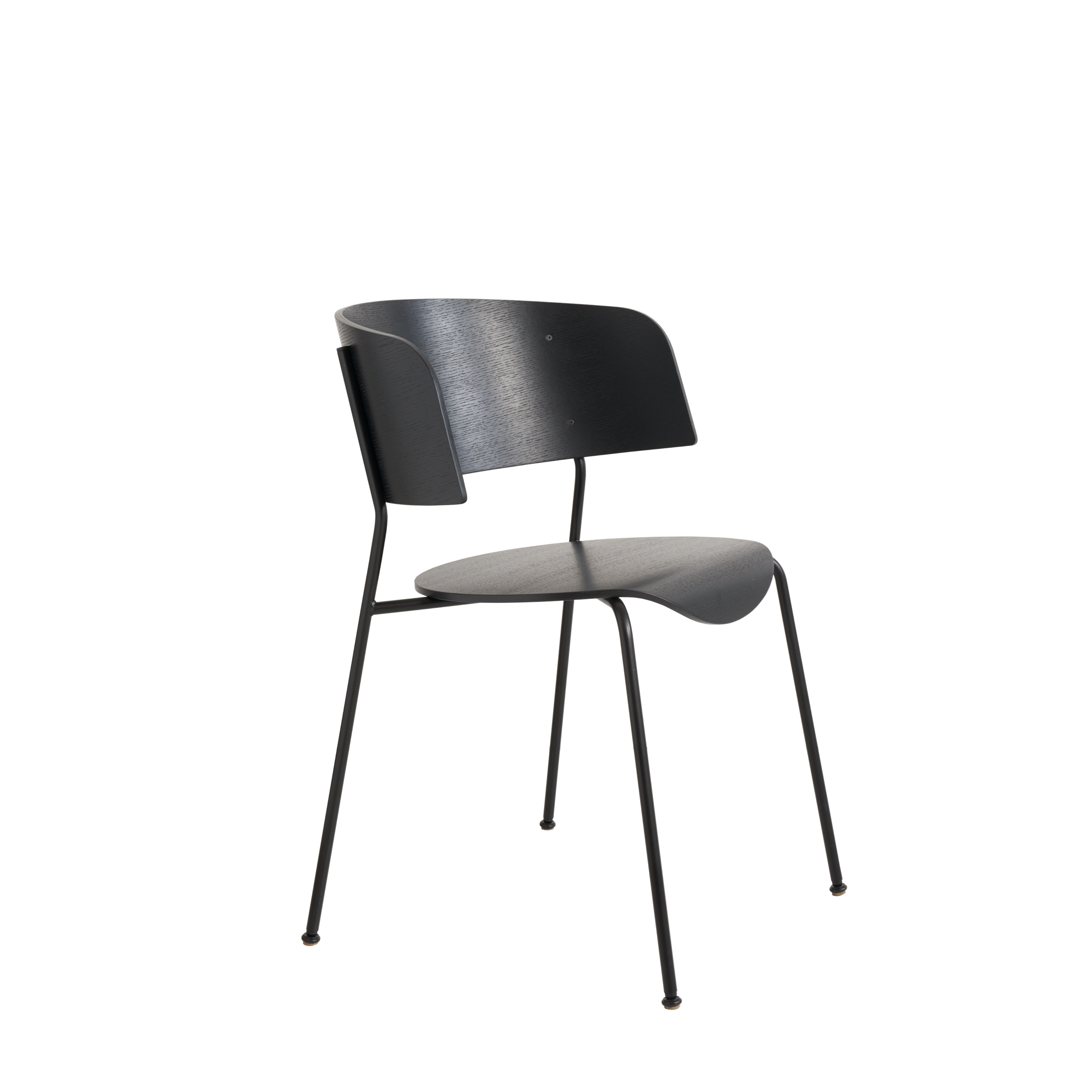 The Wagner Armchair by Objekte unserer Tage is a modern black chair with a curved backrest and seat, supported by slender, powder-coated steel legs. Its sleek and minimalistic design is stackable and perfect for contemporary spaces.