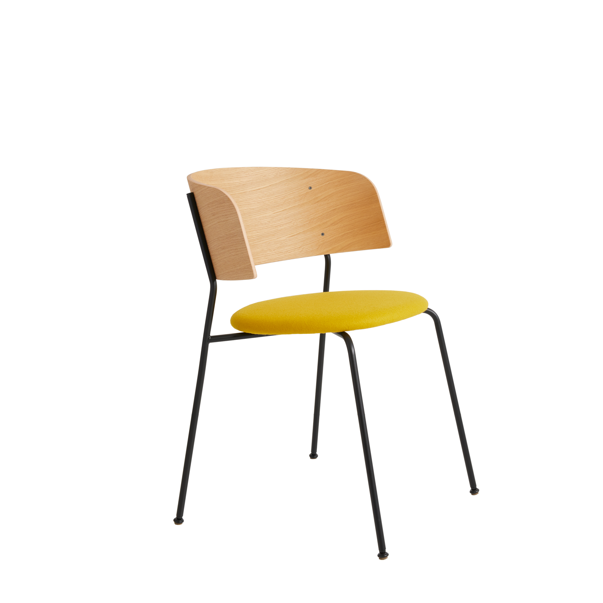 The Wagner Armchair by Objekte unserer Tage showcases a light wooden backrest, a bright yellow circular seat for comfort, and thin legs made from durable powder-coated steel, all set against a plain white background.