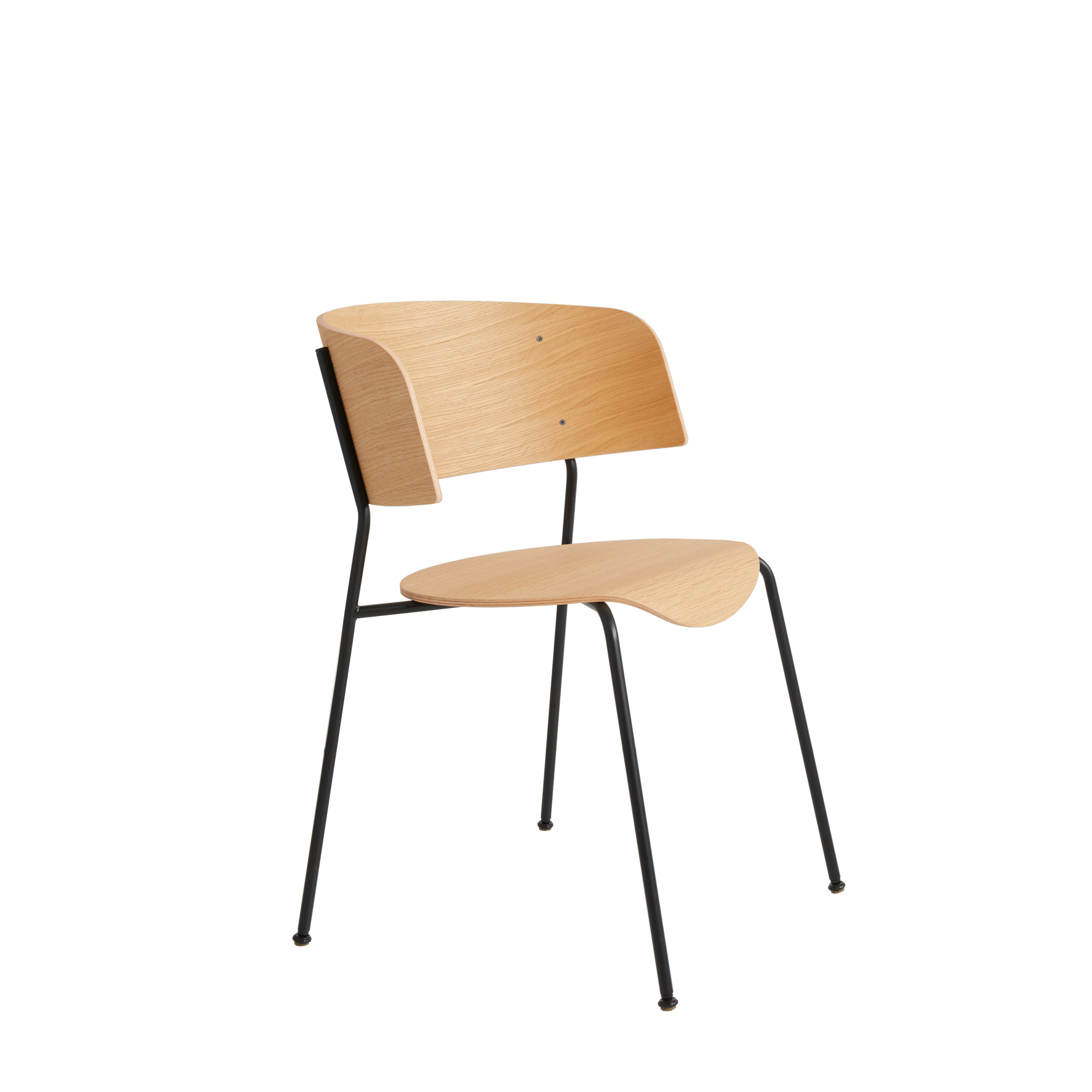 The Wagner Armchair by Objekte unserer Tage boasts a modern wooden design with a curved backrest and seat, supported by sleek powder-coated steel legs. Its minimalist style and natural wood finish offer a contemporary look, ideal for any setting.