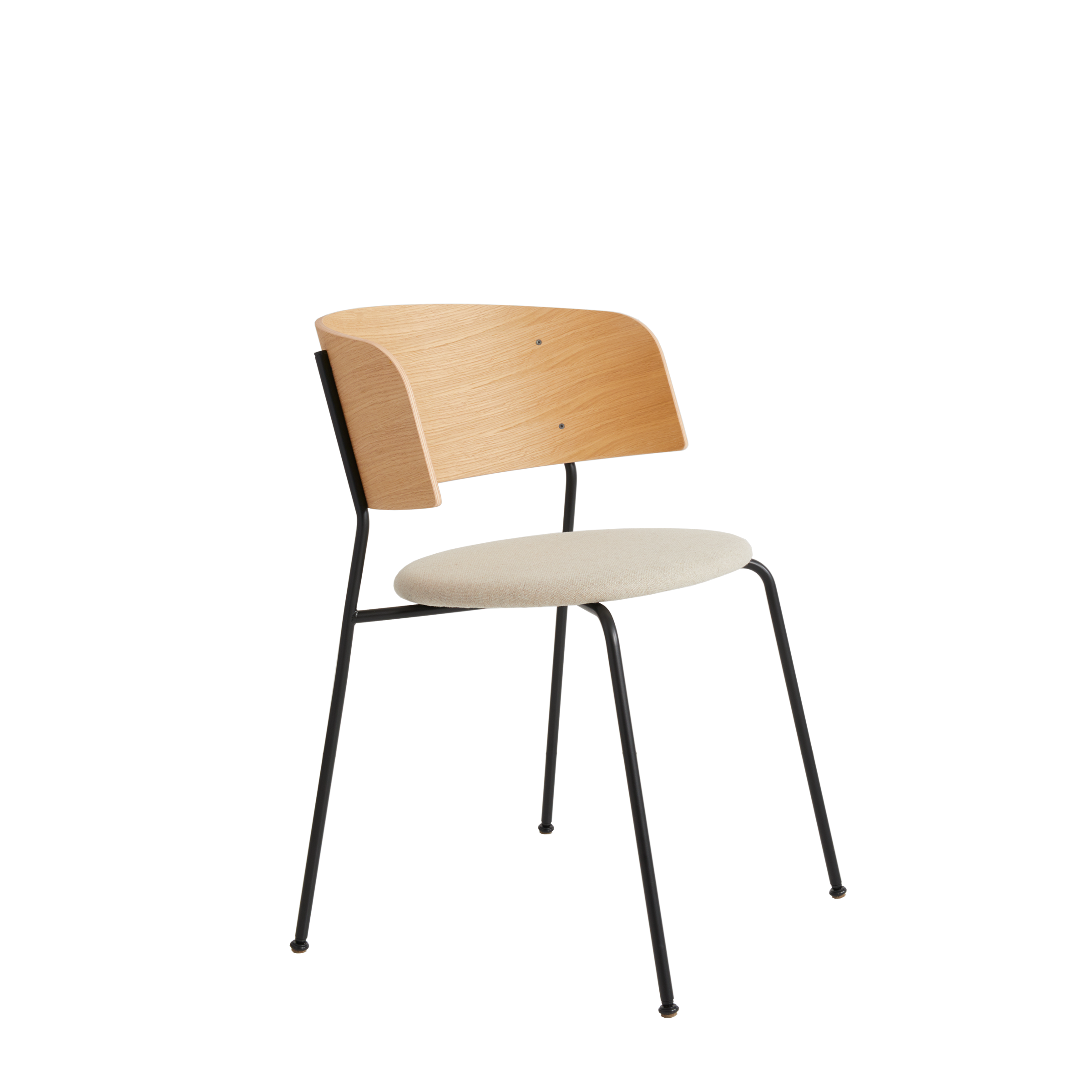 The Wagner Armchair by Objekte unserer Tage features a modern design with a light wood backrest and white cushioned seat. Its thin, powder-coated steel legs offer elegance and durability. Crafted for stacking, this chair effortlessly blends style with space-saving practicality.