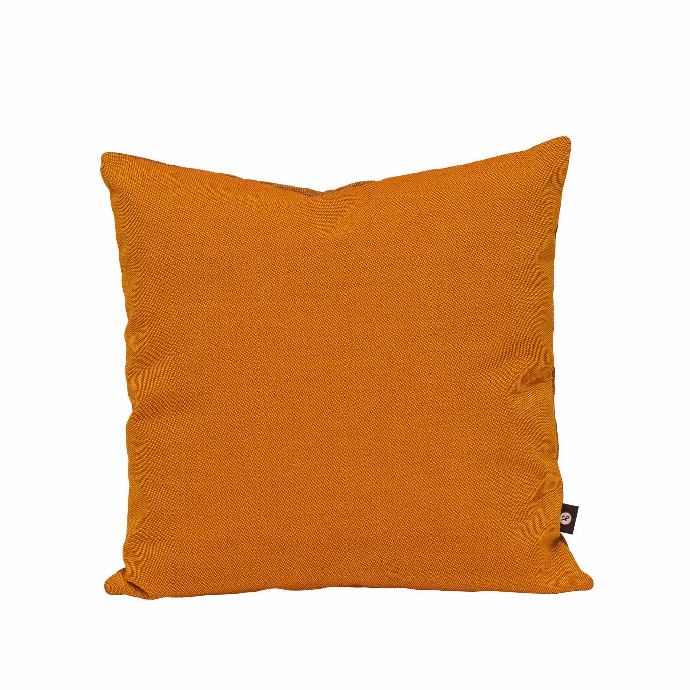 The Weber Cushion by Objekte unserer Tage is an orange square pillow from the OUT upholstery program, featuring a soft texture and a small black tag on one side. Set against a white background, it showcases its vibrant color and simple design with premium fabrics.