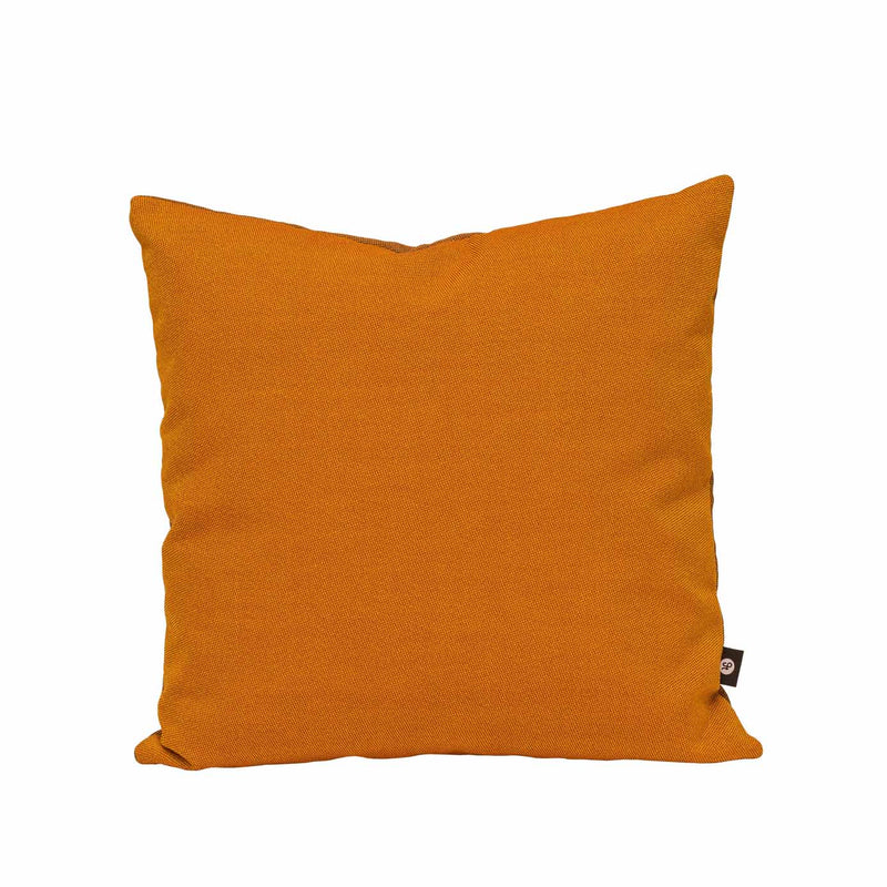 The Weber Cushion by Objekte unserer Tage is an orange square pillow from the OUT upholstery program, featuring a soft texture and a small black tag on one side. Set against a white background, it showcases its vibrant color and simple design with premium fabrics.