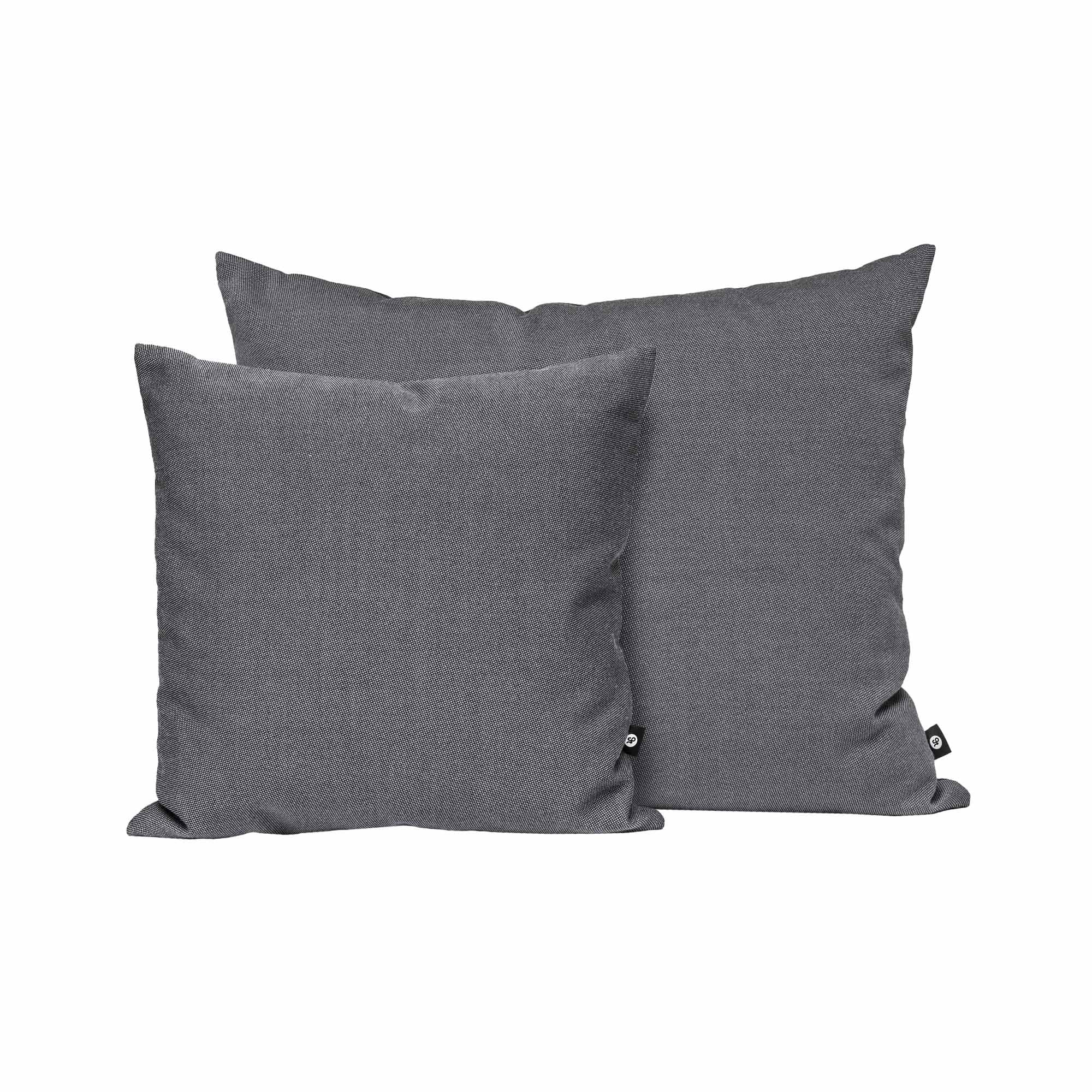 Two gray square Weber Cushions by Objekte unserer Tage are displayed against a white background, with one larger than the other. They feature minimalist design and a small black tag on the seams, aligning perfectly with the OUT upholstery programs aesthetic.