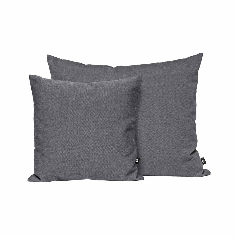 Two gray square Weber Cushions by Objekte unserer Tage are displayed against a white background, with one larger than the other. They feature minimalist design and a small black tag on the seams, aligning perfectly with the OUT upholstery programs aesthetic.