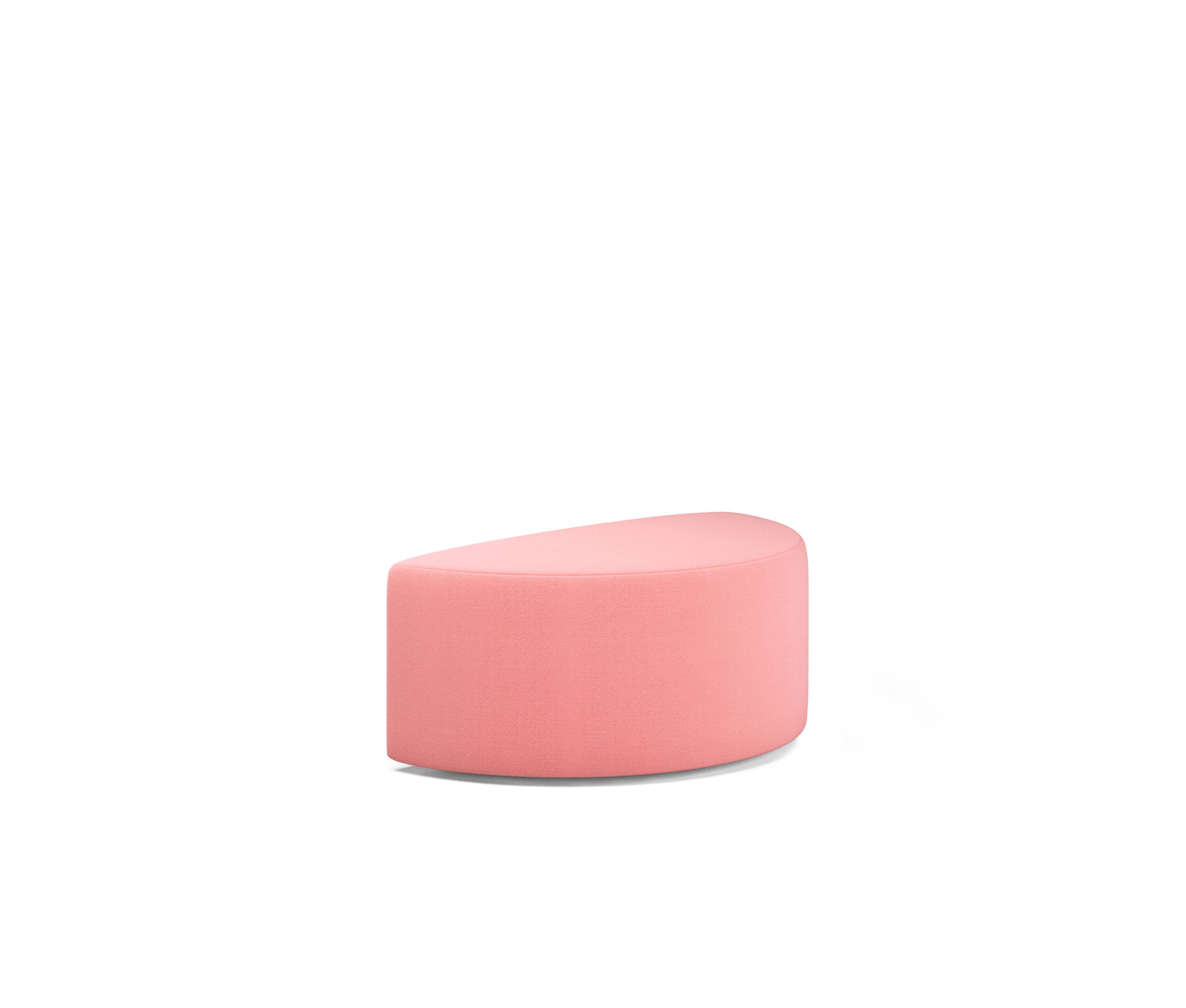 The Weber Pouf by Objekte unserer Tage is a modern, pink, semi-circular ottoman with a smooth fabric texture and minimalist design, set against a plain white background.