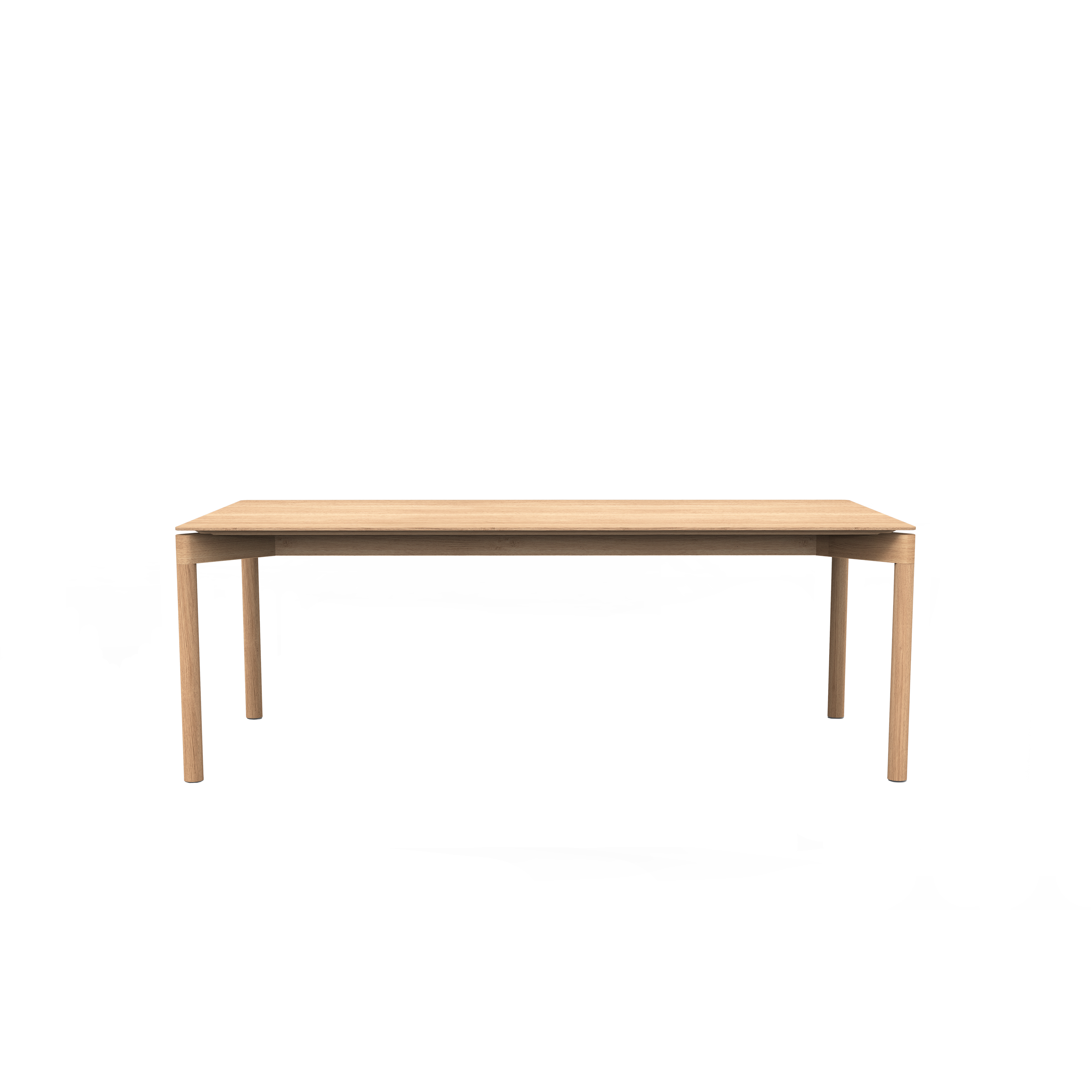 The Wedekind Table by Objekte unserer Tage is a refined piece made from sustainable oak. This rectangular, wooden table with four sturdy legs stands out against a white background, showcasing precision craftsmanship at its finest.