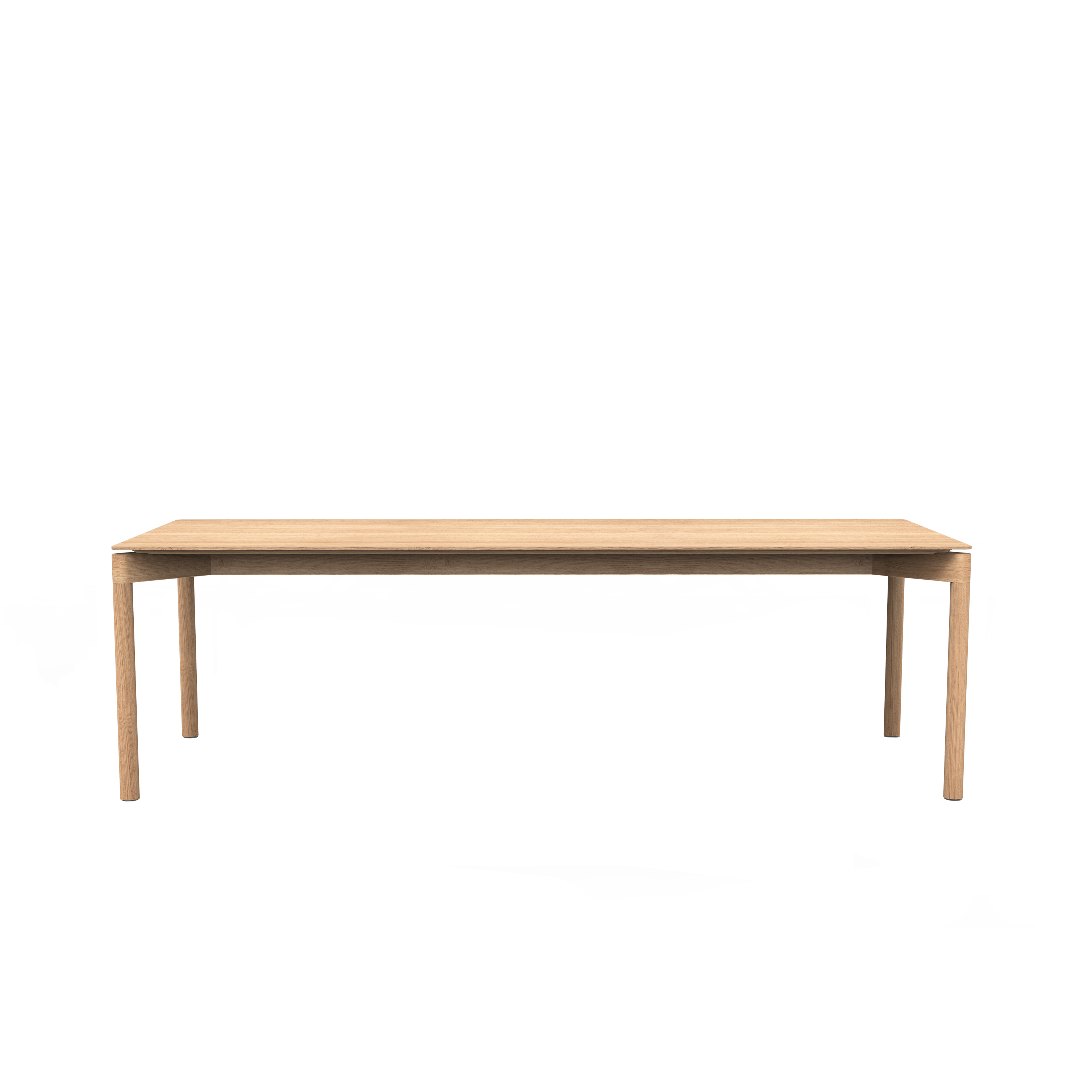 The Wedekind Table by Objekte unserer Tage showcases precision craftsmanship with a minimalist design, clean lines, and a natural finish. Made from sustainable oak wood, it elegantly stands on four straight legs against a plain black background.