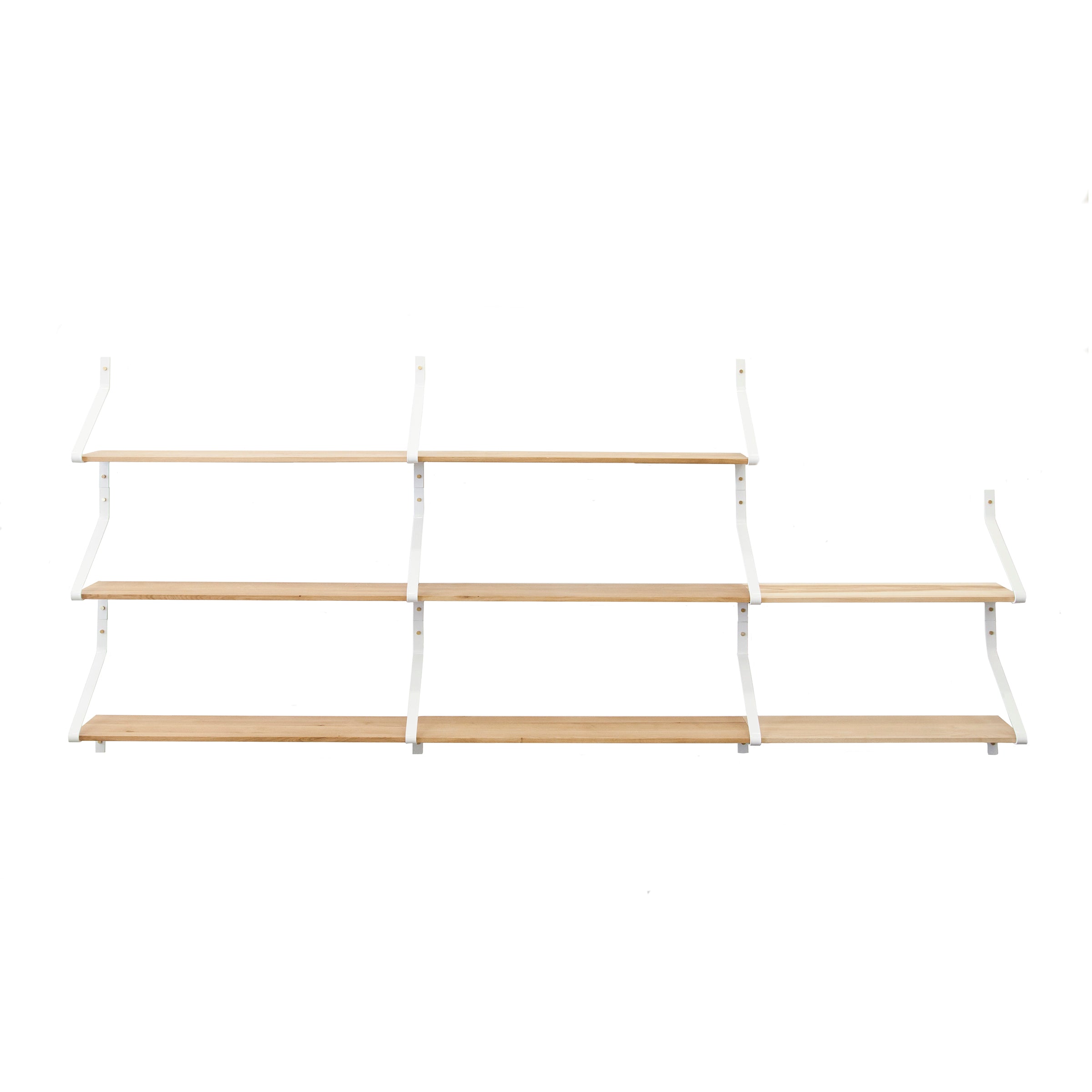 Introducing the Ribbon Shelf by One For Hundred, a minimalist wall-mounted unit featuring powder-coated steel brackets and four staggered solid wood shelves against a plain white background, creating an elegant and clean look for any space.