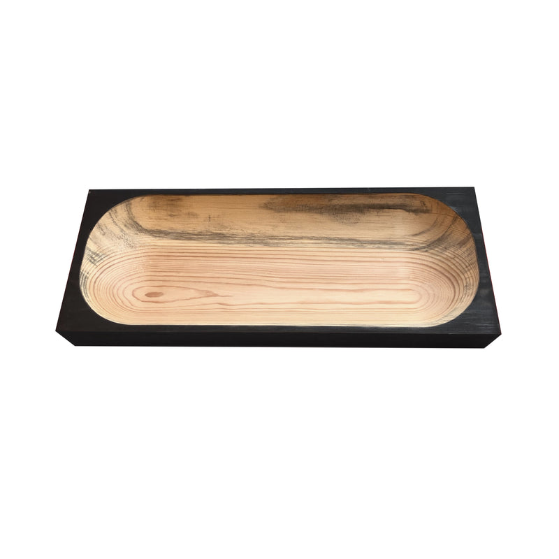 The Cavetto tray by One For Hundred features a rectangular pinewood design with cavetto edges, showcasing a natural wood grain. Its interior is a lighter tan, beautifully contrasting with the dark brown outer rim—ideal for enhancing your tableware.