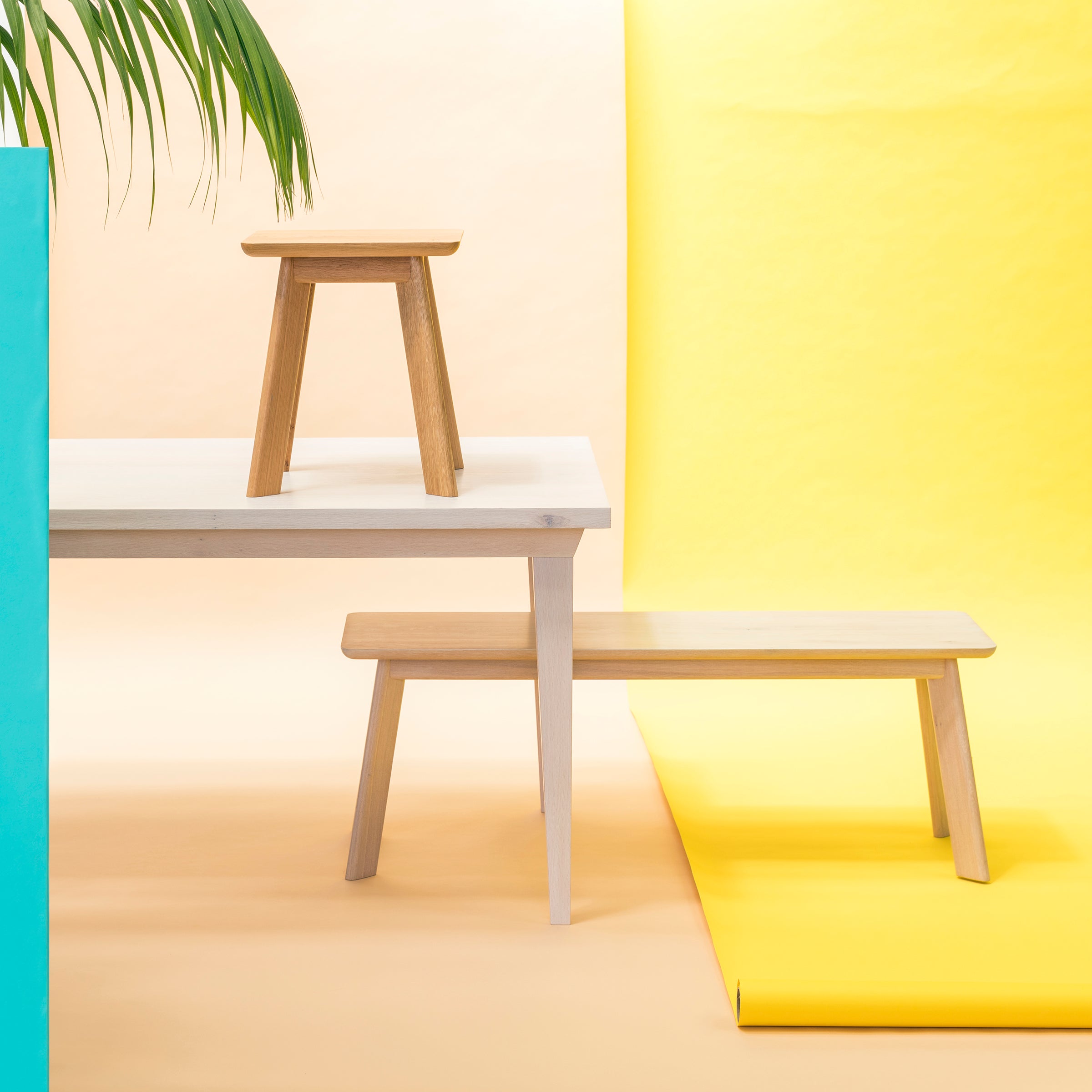 A YOGI Stool from One For Hundred and a larger bench sit on a white table. This solid wood furniture is framed against a bright yellow backdrop, enhanced by a turquoise panel and palm leaf for added contrast.