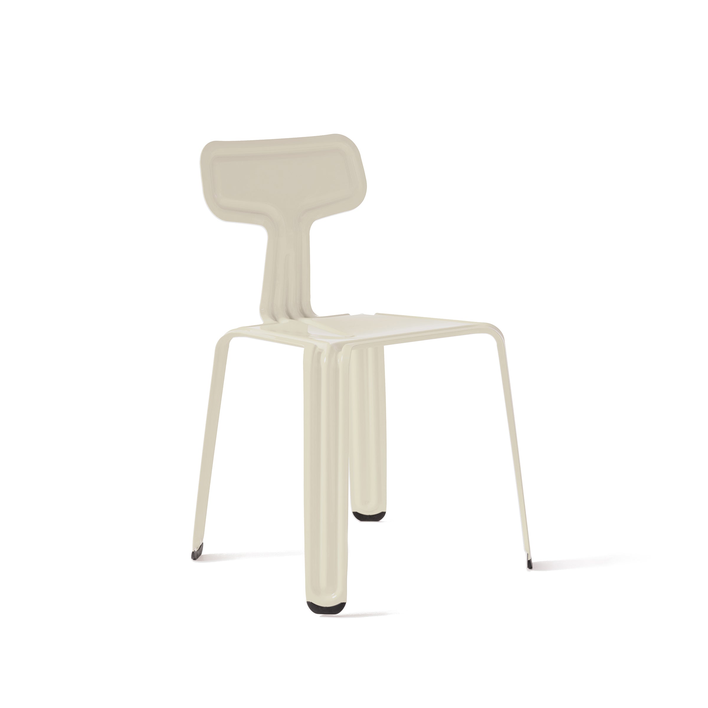 The Pressed Chair by Moormann is a modern, sculptural piece with a flat, wide backrest and slender legs, exuding an artistic and contemporary feel. Its white design on a plain backdrop highlights its sleek appeal and stackable feature.