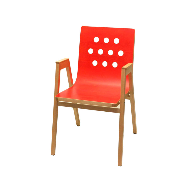 3/4/3 Armchair with red perforated backrest, wooden frame and armrests, modern stackable design by Roland Rainer
