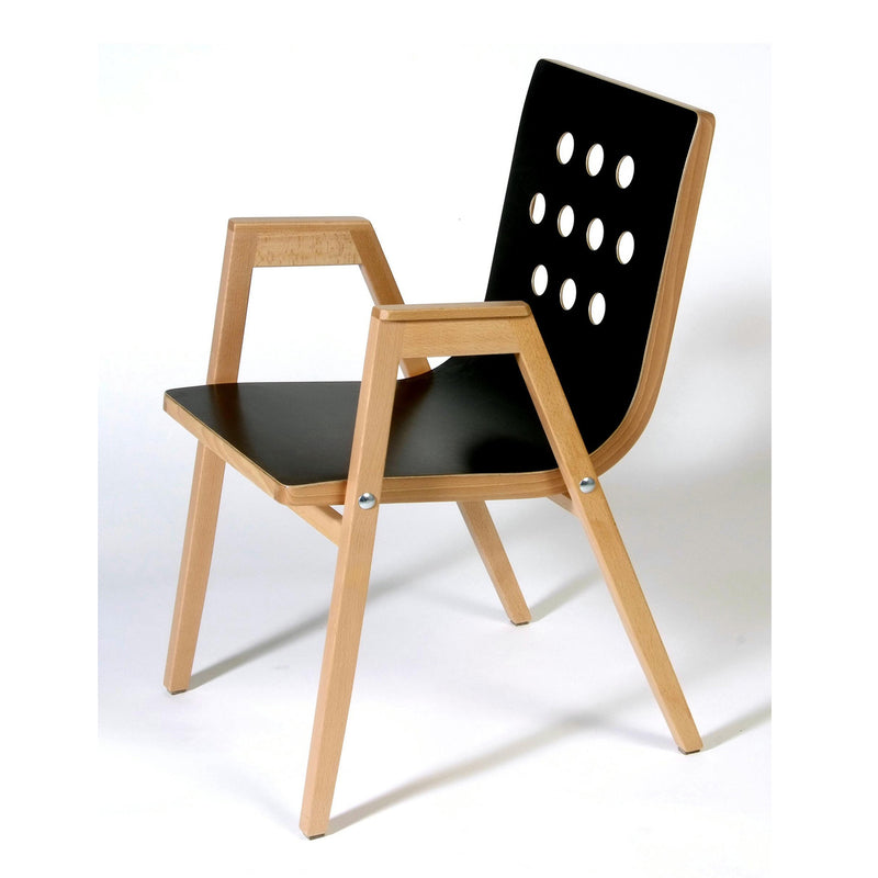 3/4/3 Armchair with natural beech frame, black seat and circular perforations in backrest, modern stackable design