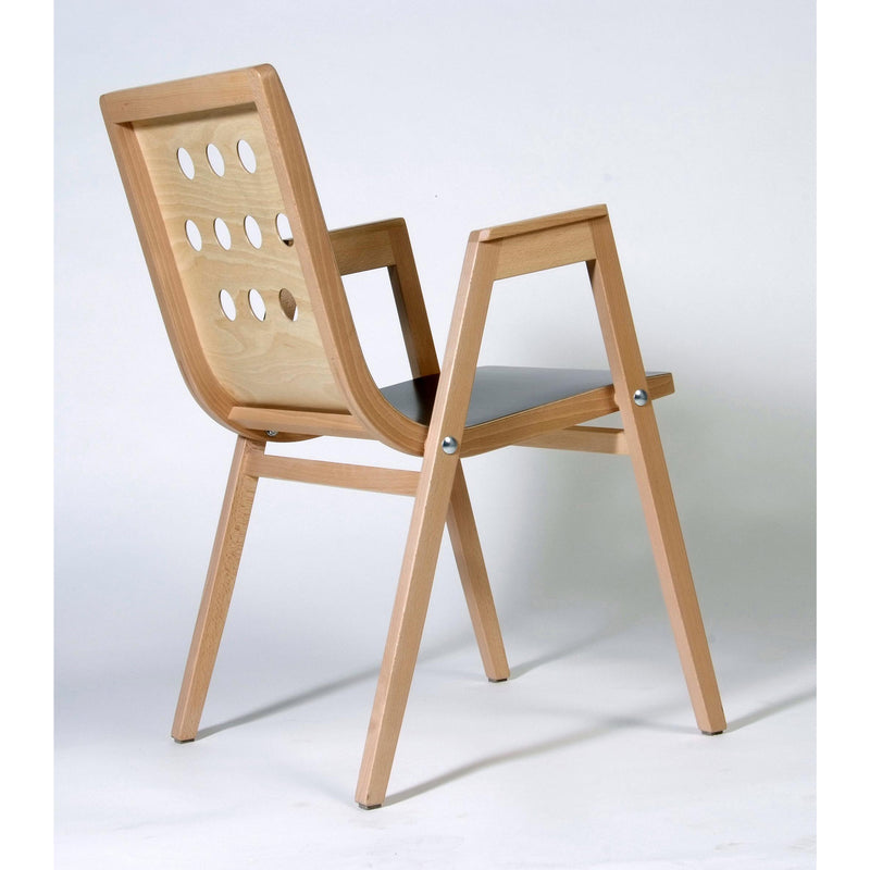 3/4/3 Armchair by Roland Rainer in natural beech wood with oval cutouts, featuring stackable design and armrests