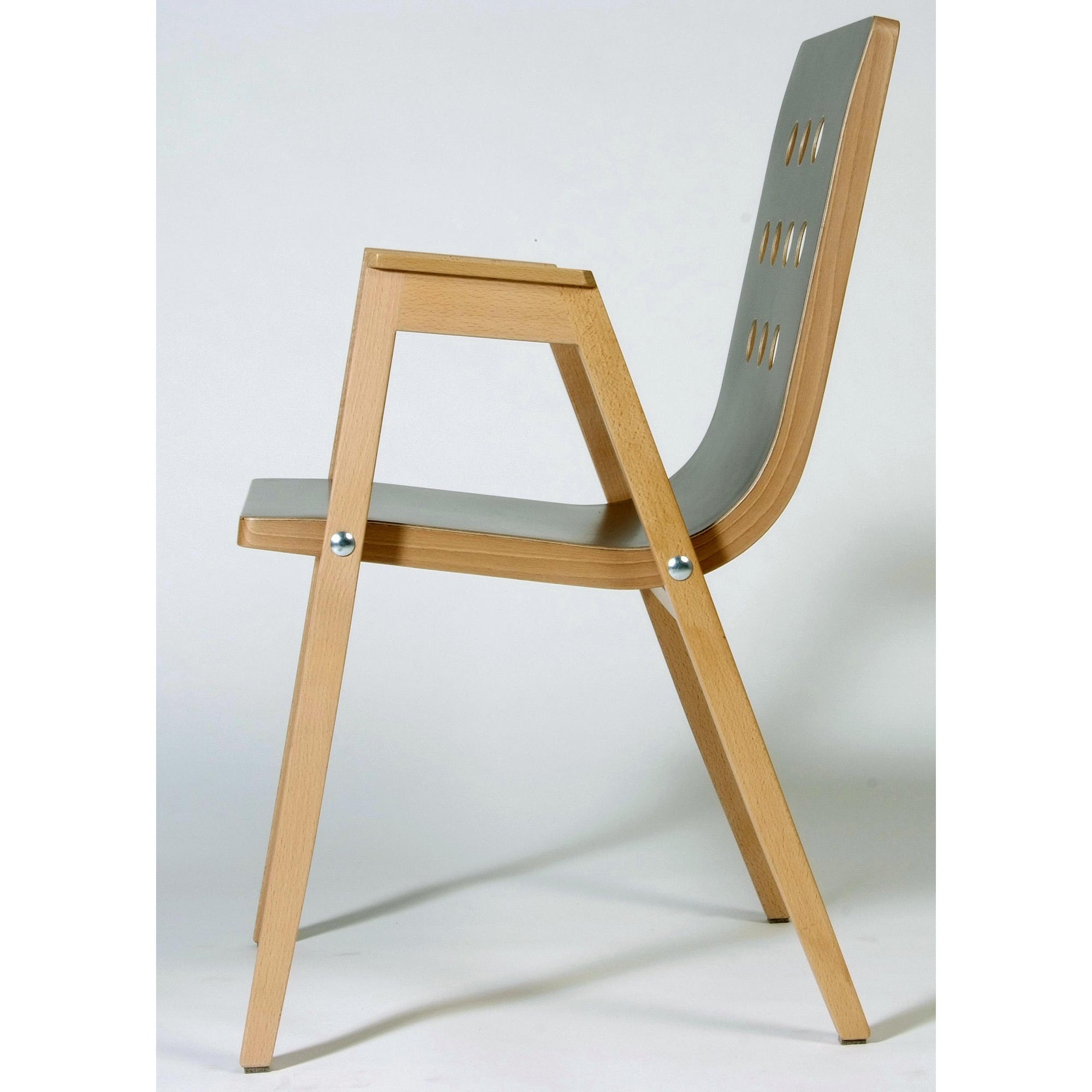 3/4/3 Armchair in natural beech with grey plywood seat, side view showing stackable A-frame design and perforated backrest