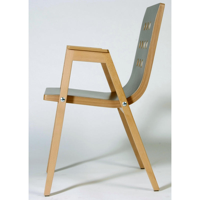 3/4/3 Armchair in natural beech with grey plywood seat, side view showing stackable A-frame design and perforated backrest