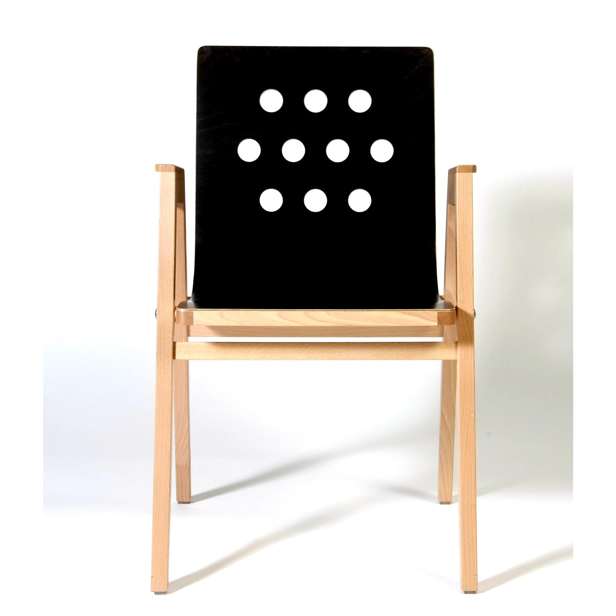 3/4/3 Armchair with black perforated backrest, natural wood frame, modern stackable design by Roland Rainer