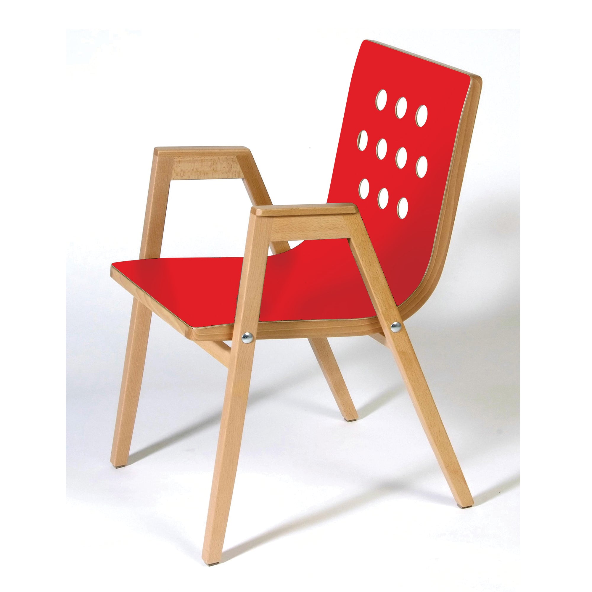 3/4/3 Armchair with wooden frame and bright red seat, featuring perforated backrest design and angled legs