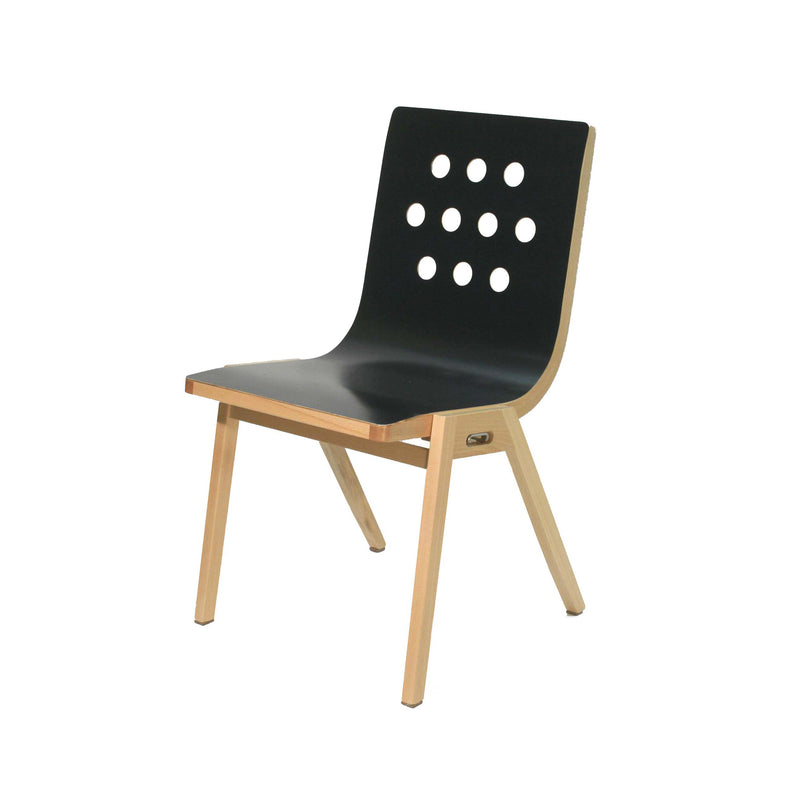 3/4/3 Side Chair with black plywood seat, natural beech frame and distinctive hole pattern backrest design