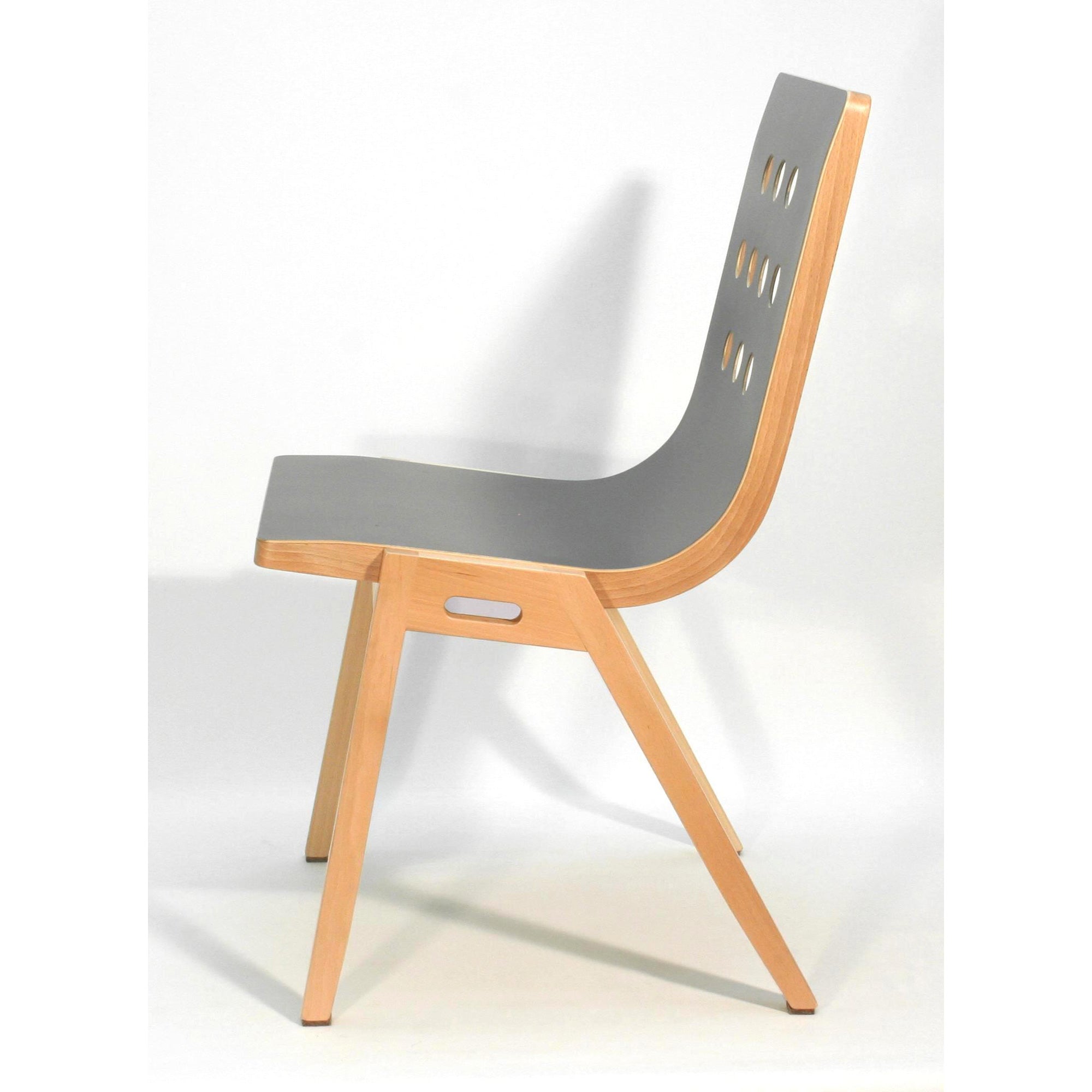 3/4/3 Side Chair in natural beech frame with grey plywood seat, showing sleek modern profile view with perforated backrest