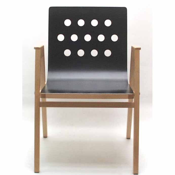 4/5/4 Armchair featuring black plywood backrest with circular holes, natural beech wood frame and armrests, stackable design