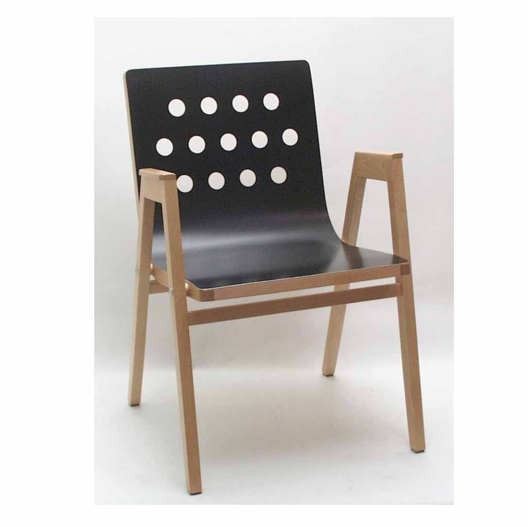 4/5/4 Armchair with black perforated backrest, wooden frame, and minimalist design by Roland Rainer
