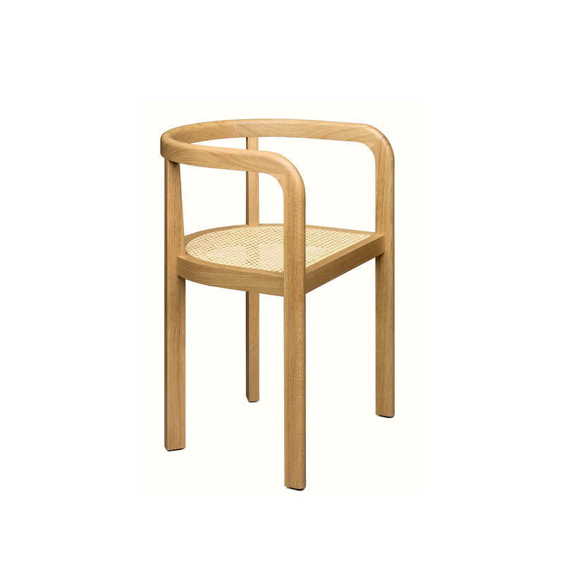 Experience the elegance of Richard Herres design with the RH01 Stuttgart by E15. This minimalist wooden chair features a curved backrest and woven seat, highlighting clean lines and the natural wood grain beautifully.