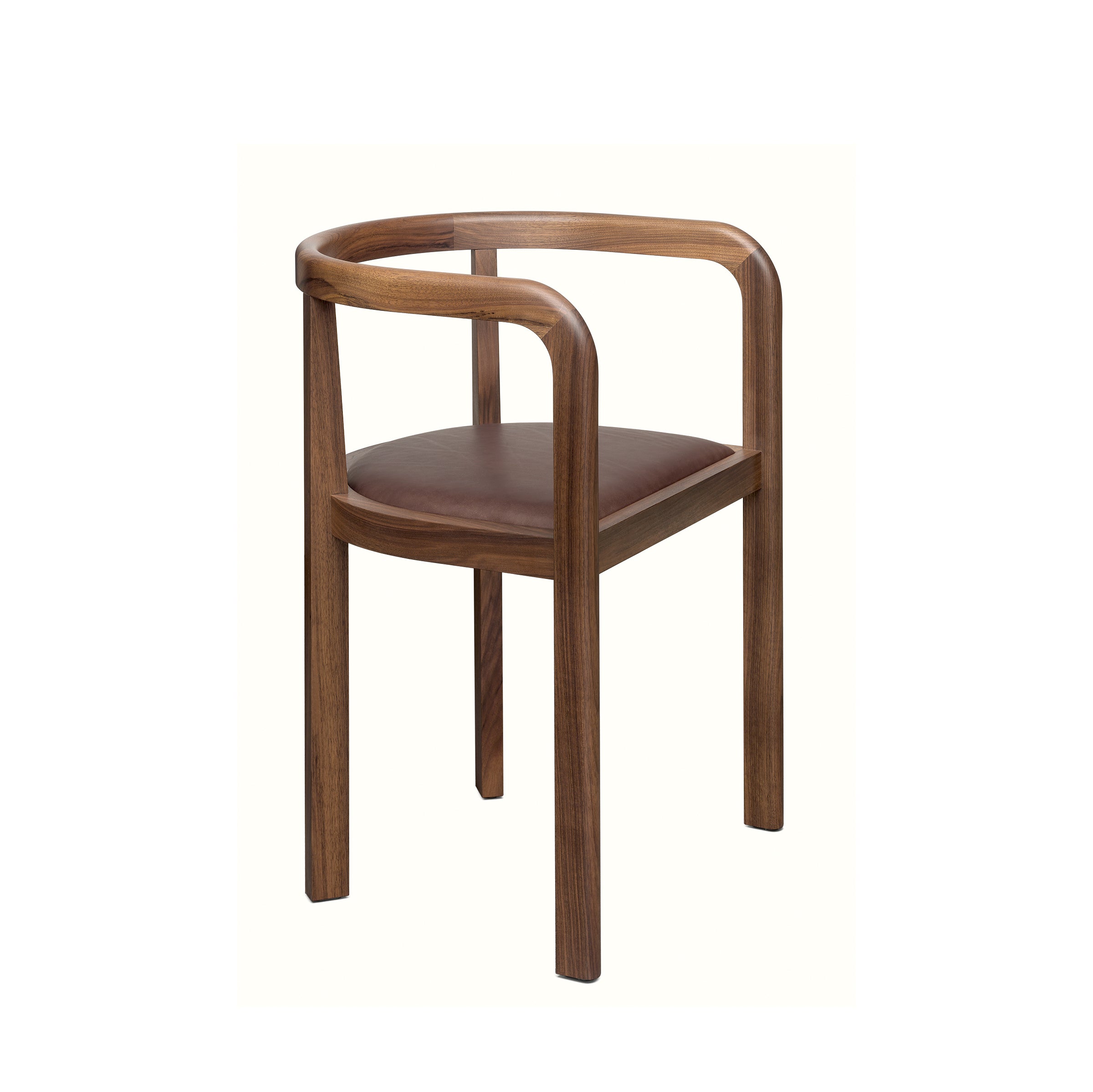 The RH01 Stuttgart by E15 highlights solid wood craftsmanship and a design inspired by Richard Herre, featuring a curved backrest and armrests that enhance its dark brown leather seat.