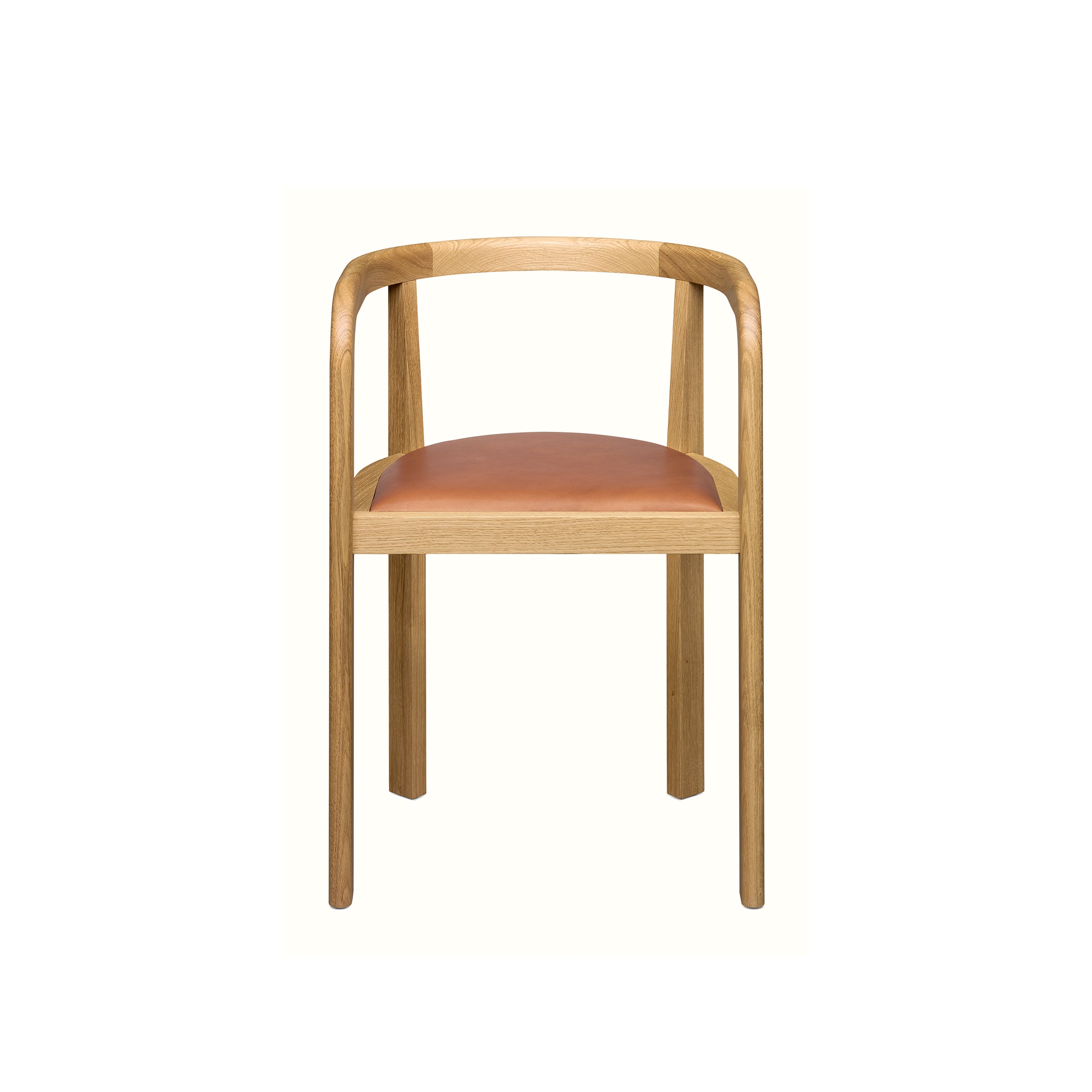 Introducing the RH01 Stuttgart by E15: a minimalist marvel crafted from solid wood with a natural finish, featuring a curved backrest and light brown leather seat. Inspired by Richard Herres design ethos, it stands effortlessly against a plain white background.