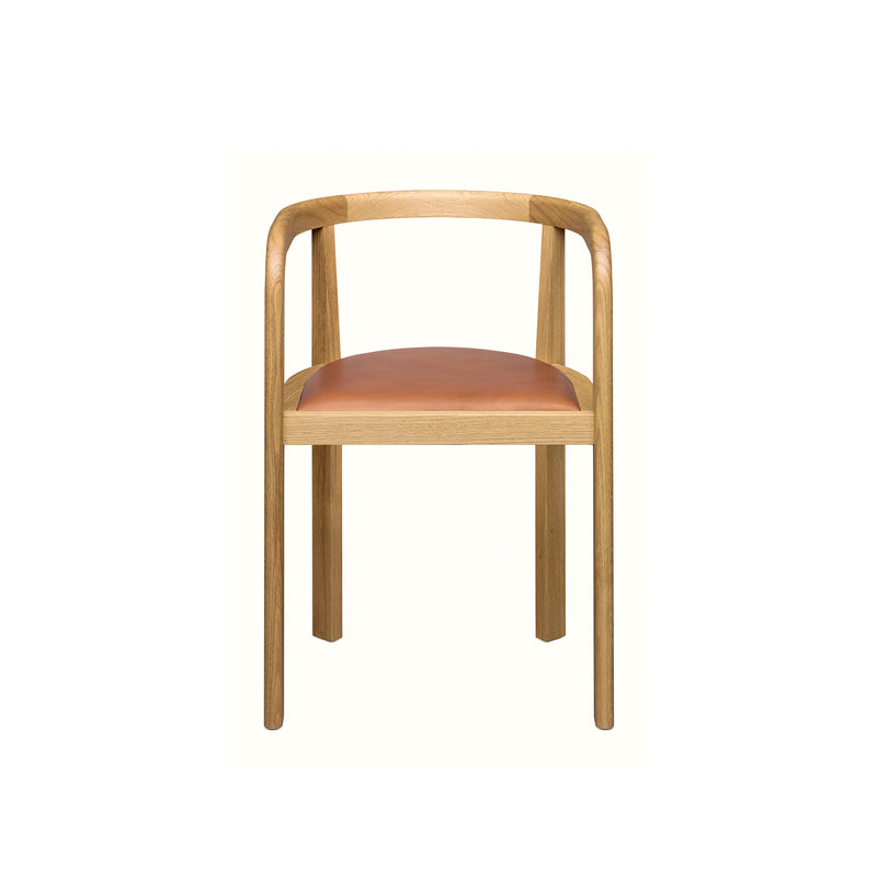 Introducing the RH01 Stuttgart by E15: a minimalist marvel crafted from solid wood with a natural finish, featuring a curved backrest and light brown leather seat. Inspired by Richard Herres design ethos, it stands effortlessly against a plain white background.