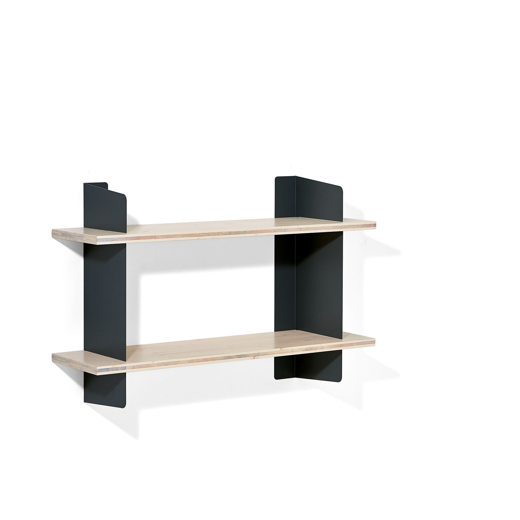 The Richard Lampert Atelier is a minimalist wall-mounted shelf with two light wooden shelves supported by sleek steel brackets set against a white background.