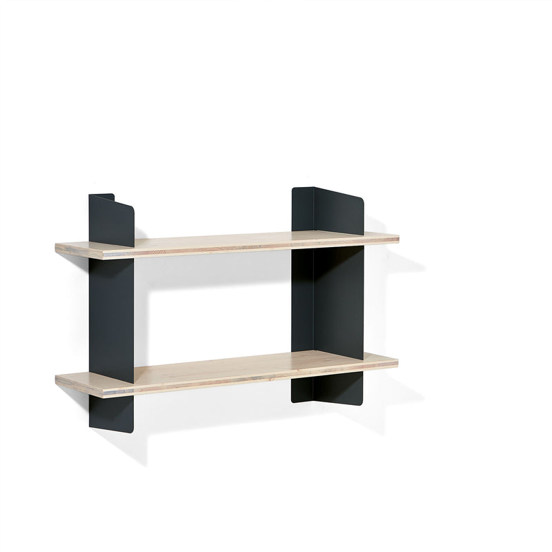 The Richard Lampert Atelier is a minimalist wall-mounted shelf with two light wooden shelves supported by sleek steel brackets set against a white background.