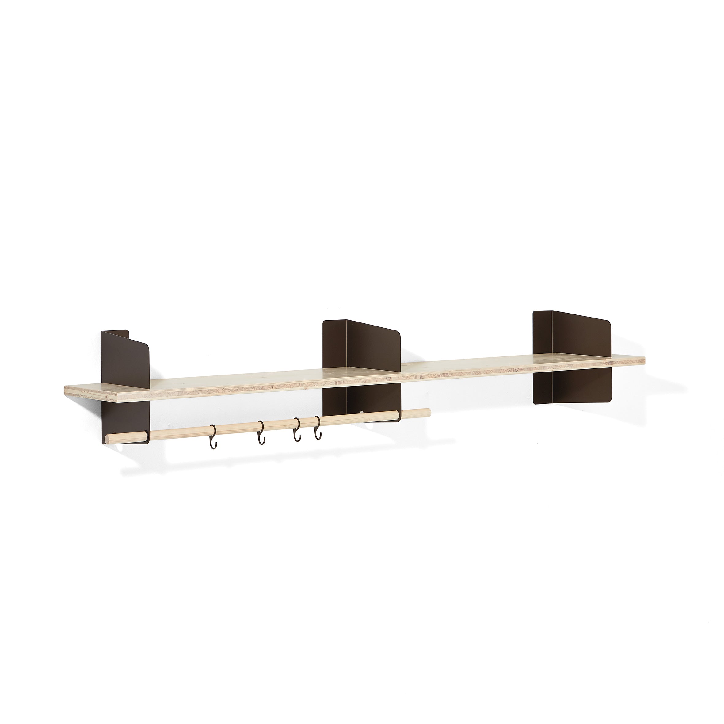 The Atelier by Richard Lampert is a wall-mounted wooden shelf with sleek steel brackets, featuring hooks underneath for hanging items. Its minimalistic and modern design suits home or office organization.