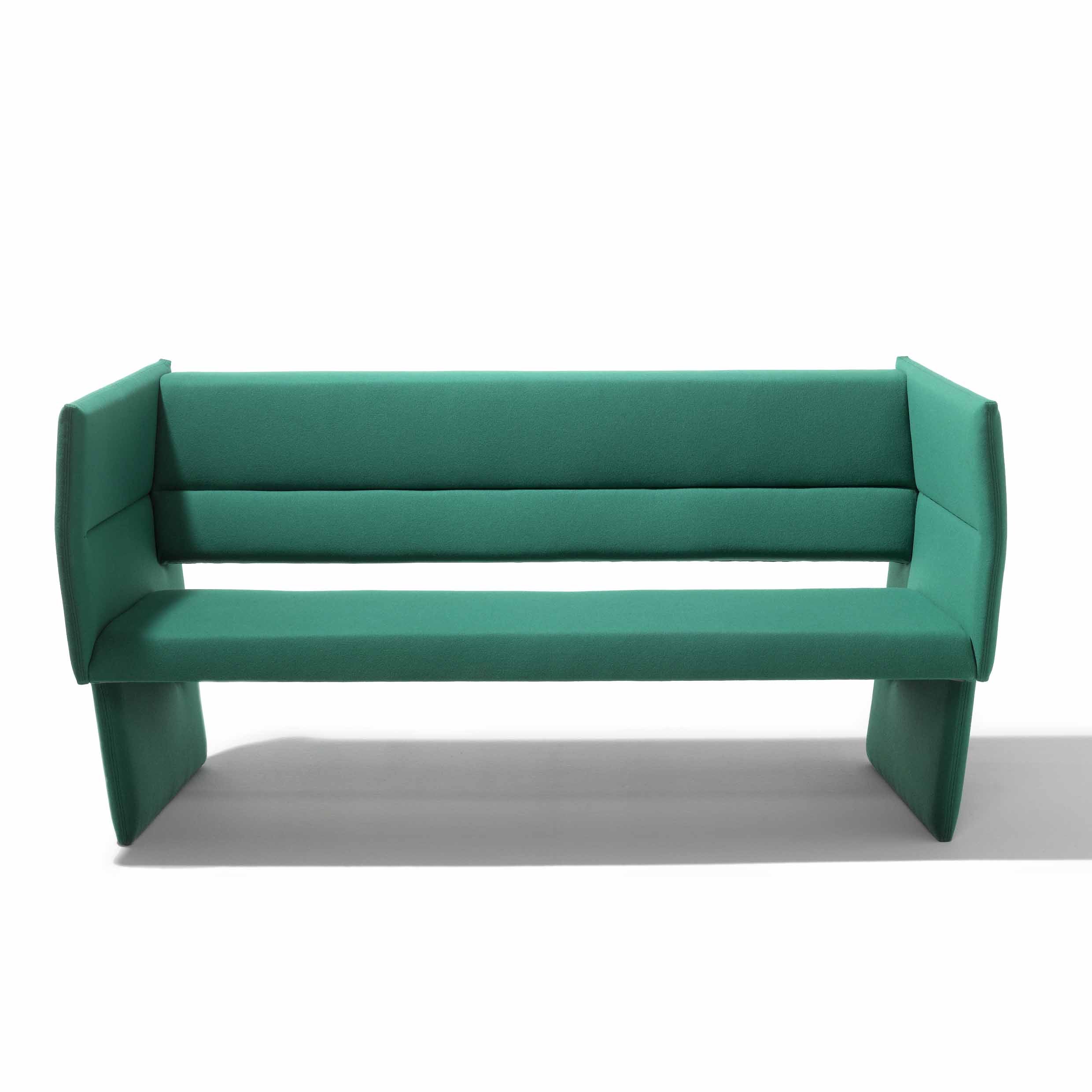 The Richard Lampert Cup Sofa boasts a modern minimalist design with a straight backrest and armrests, set on a flat base. Its avant-garde green form features clean lines and premium upholstery, contrasting against a white background.