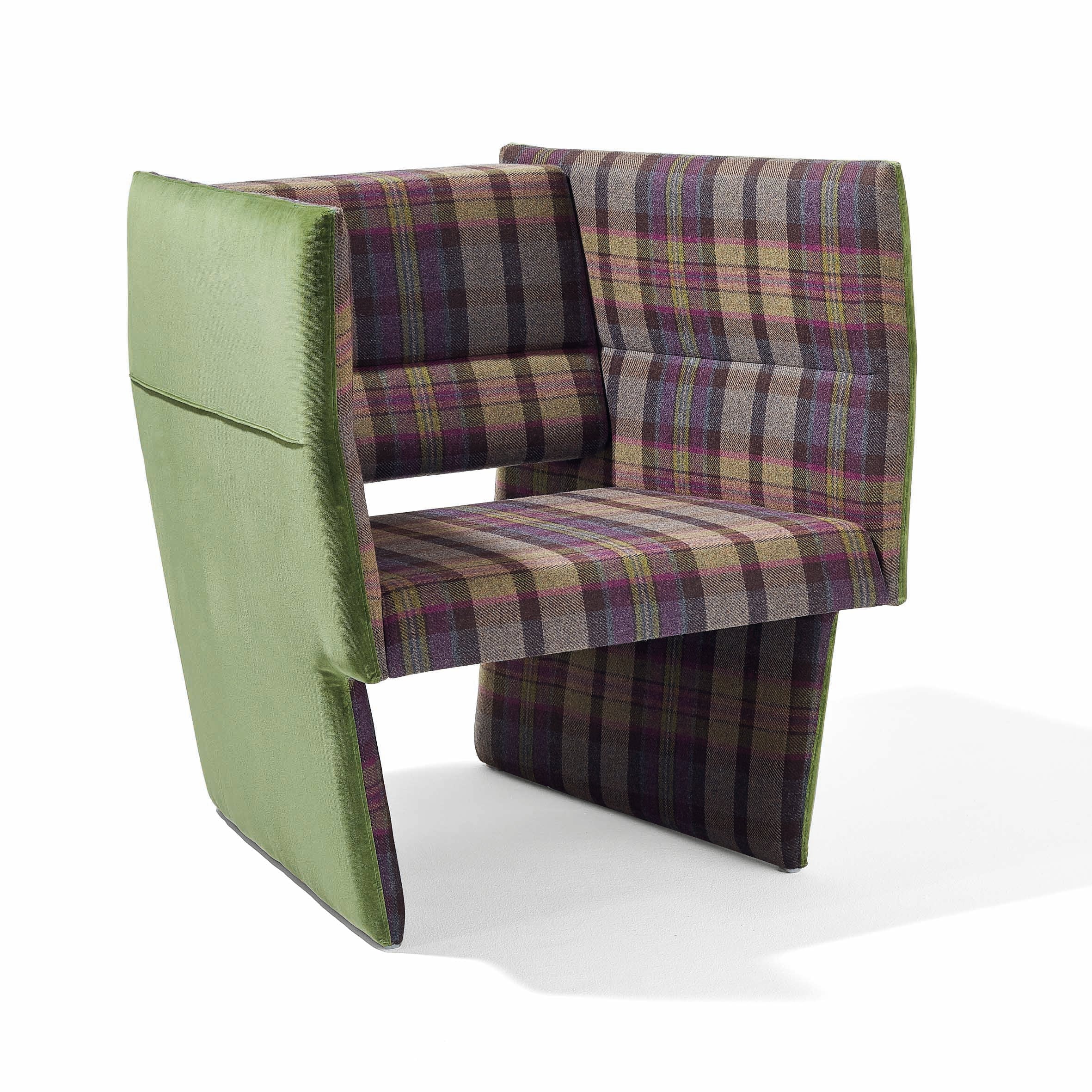 The Cup Lounge Chair by Richard Lampert showcases an avant-garde geometric design with plaid fabric in green, purple, and gray shades. Its solid wood frame supports thick cushions and side panels, blending style and comfort effortlessly.