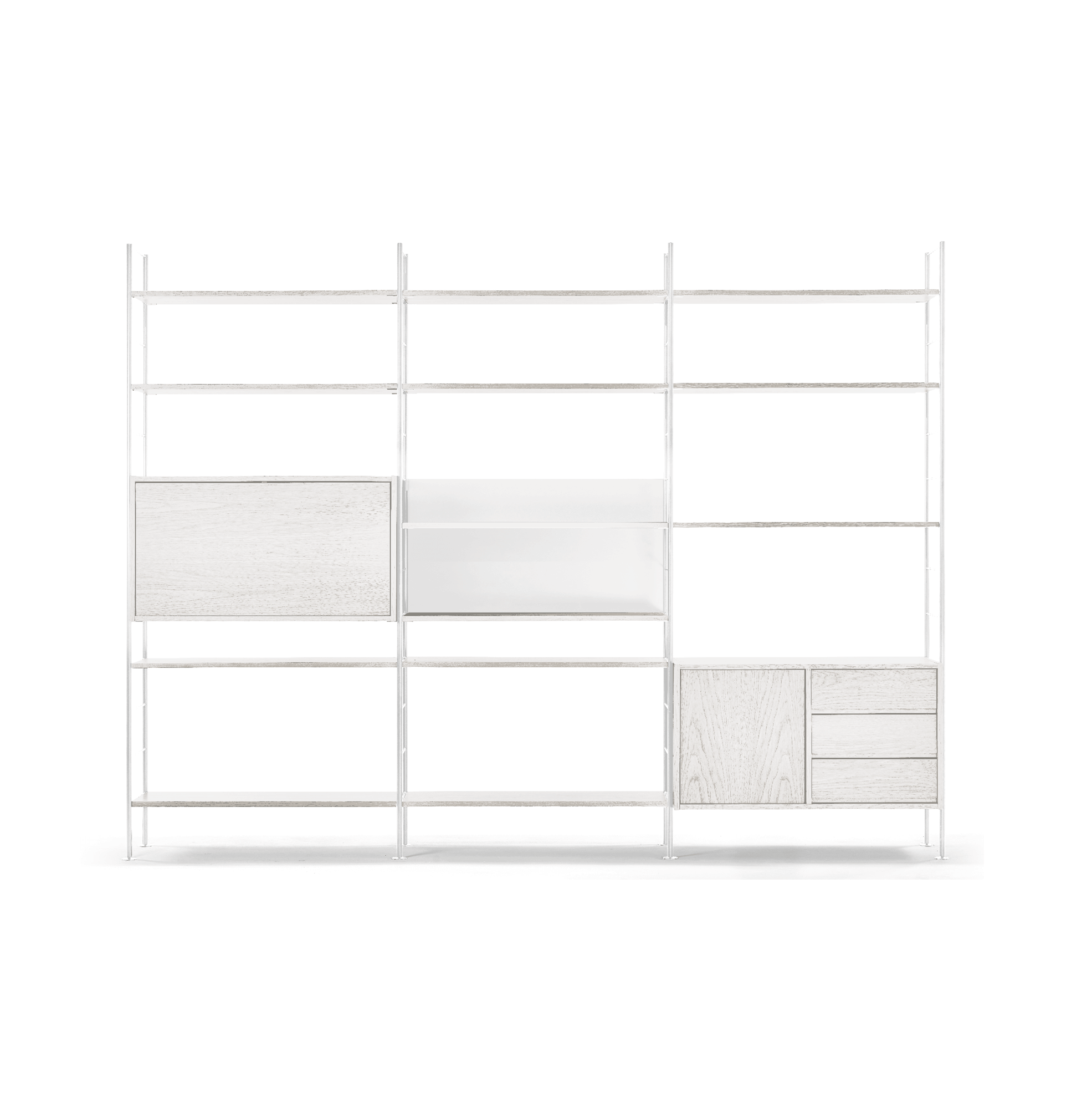 The DHS10 Shelf by Richard Lampert is a minimalist white unit with open shelves and closed compartments of various sizes, showcasing German industrial design in a clean, modern style perfect for organizing and displaying items.