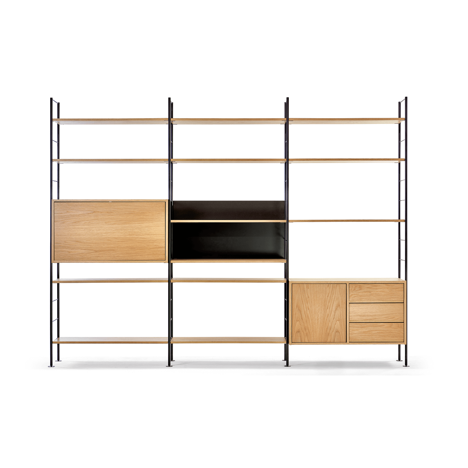 The DHS10 Shelf by Richard Lampert embodies German industrial design with a sleek metal frame and modular arrangement. It features multiple wooden shelves, a large horizontal cabinet, a smaller black shelf, and a right section with two wooden doors and three drawers.