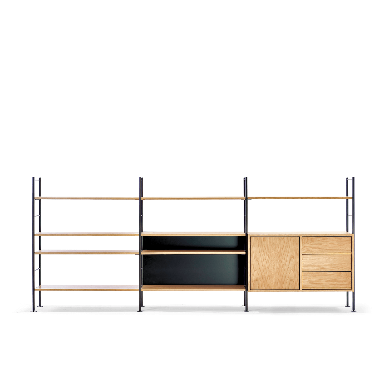 The DHS10 Shelf by Richard Lampert exemplifies German industrial design with its sleek metal frame, light wood shelves, black section, and two wooden cabinets with doors and drawers on the right side, forming a modern modular system.