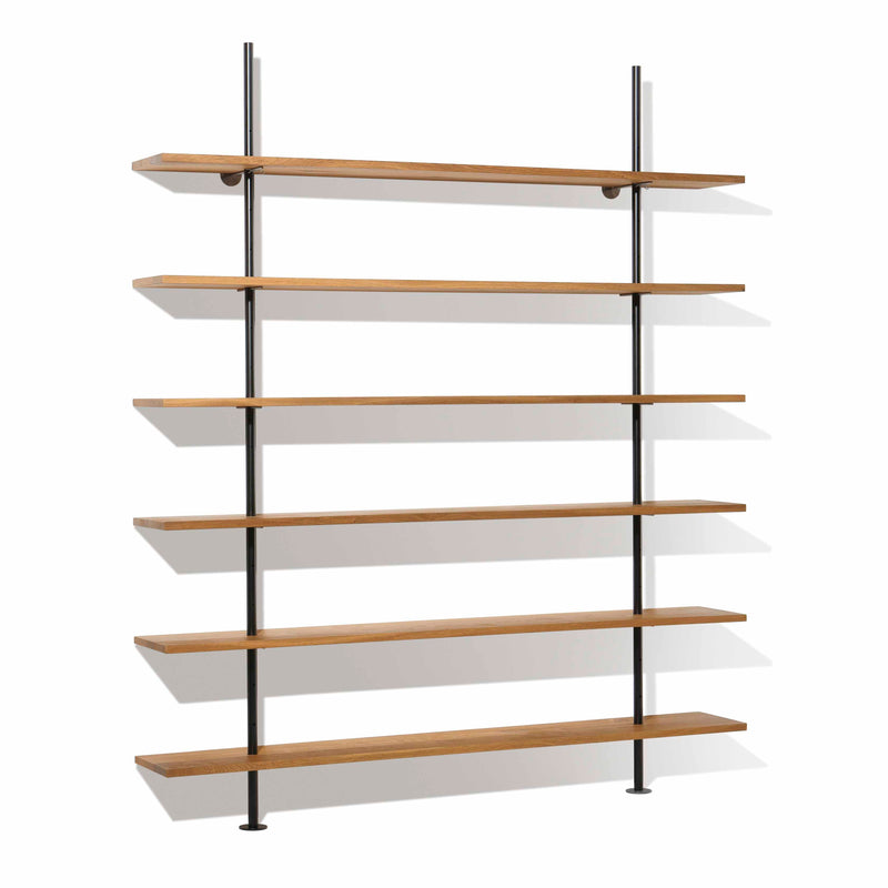 The Eiermann Shelf by Richard Lampert is a minimalist wall-mounted shelving unit with seven wooden shelves, supported by vertical black metal rods, echoing Egon Eiermanns iconic design against a white backdrop.