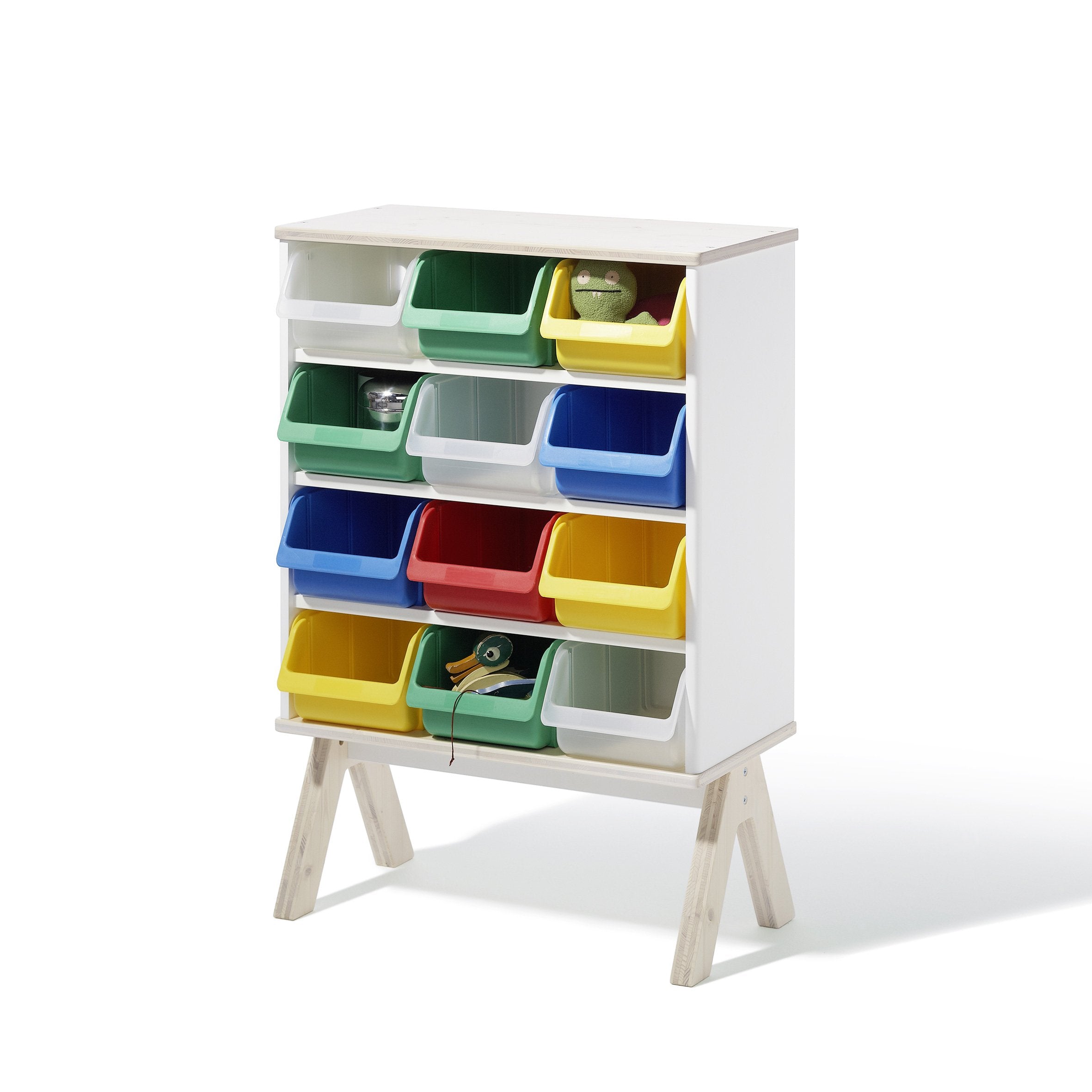The Famille Garage - Storage by Richard Lampert features a white frame on wooden legs and nine colorful plastic bins in red, green, yellow, and blue. Perfect for organizing small household items, it offers a vibrant yet practical storage solution.
